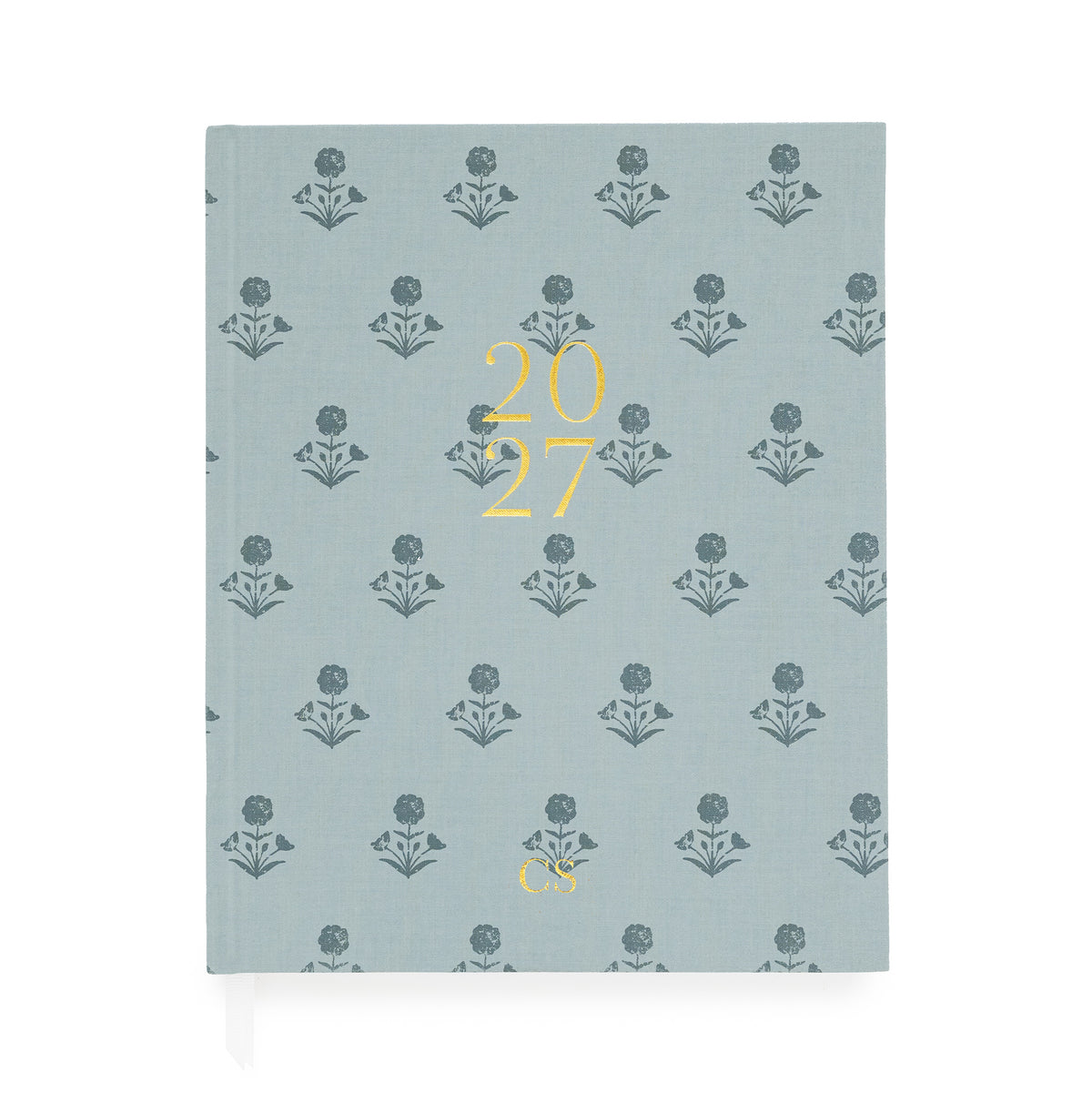 A hardcover planner with a dusty blue fabric cover featuring a repeating dark blue floral pattern and gold foil text reading '2027' and 'CS', shown on a clean white background.