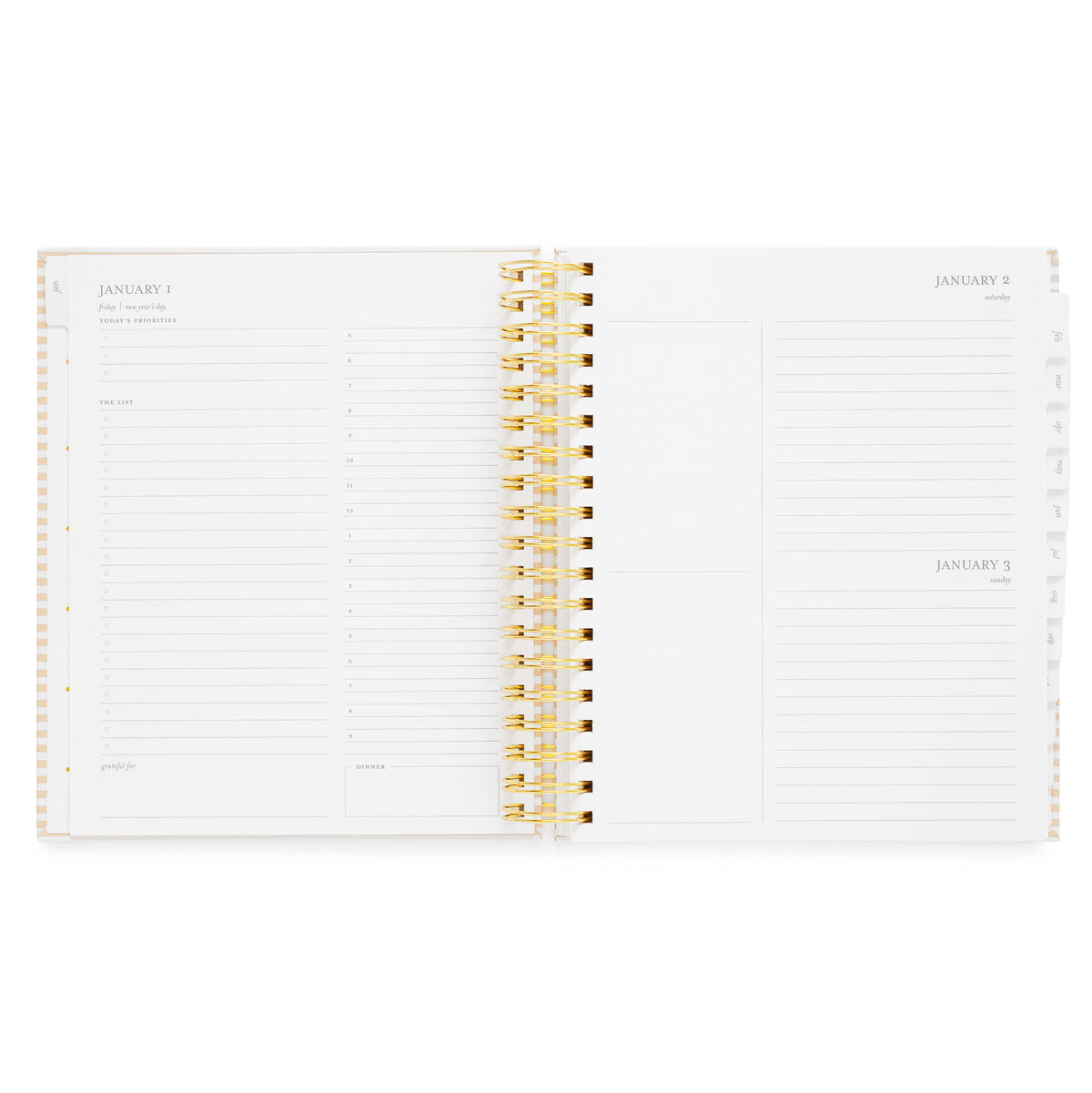 An open spiral-bound planner with white pages with grey ink with daily planning pages with notes for 'today's priorities,' 'grateful for,' and 'dinner' plans