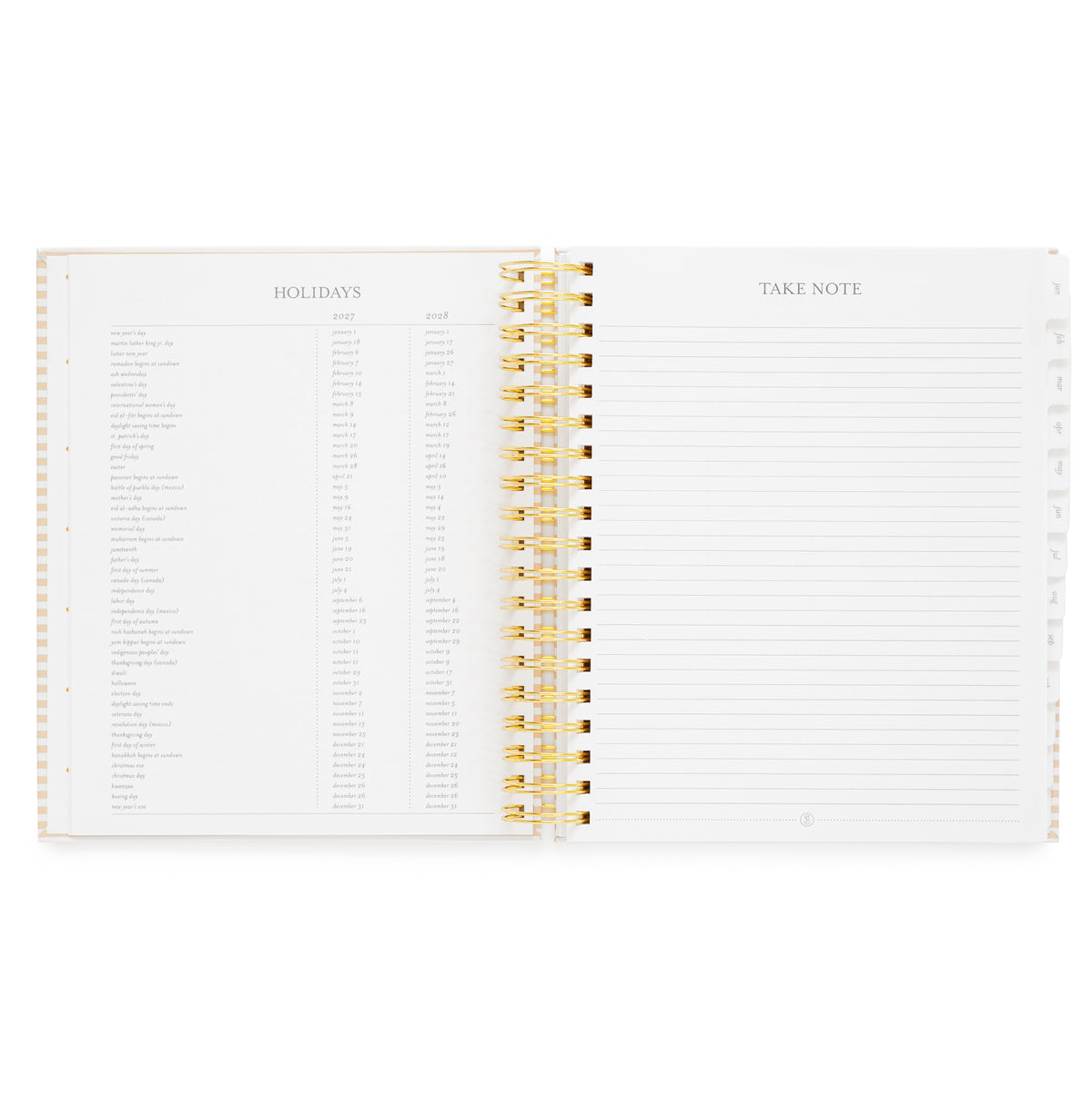 An open spiral-bound planner showing the 'Holidays' and 'Take Note' pages with gold spiral binding