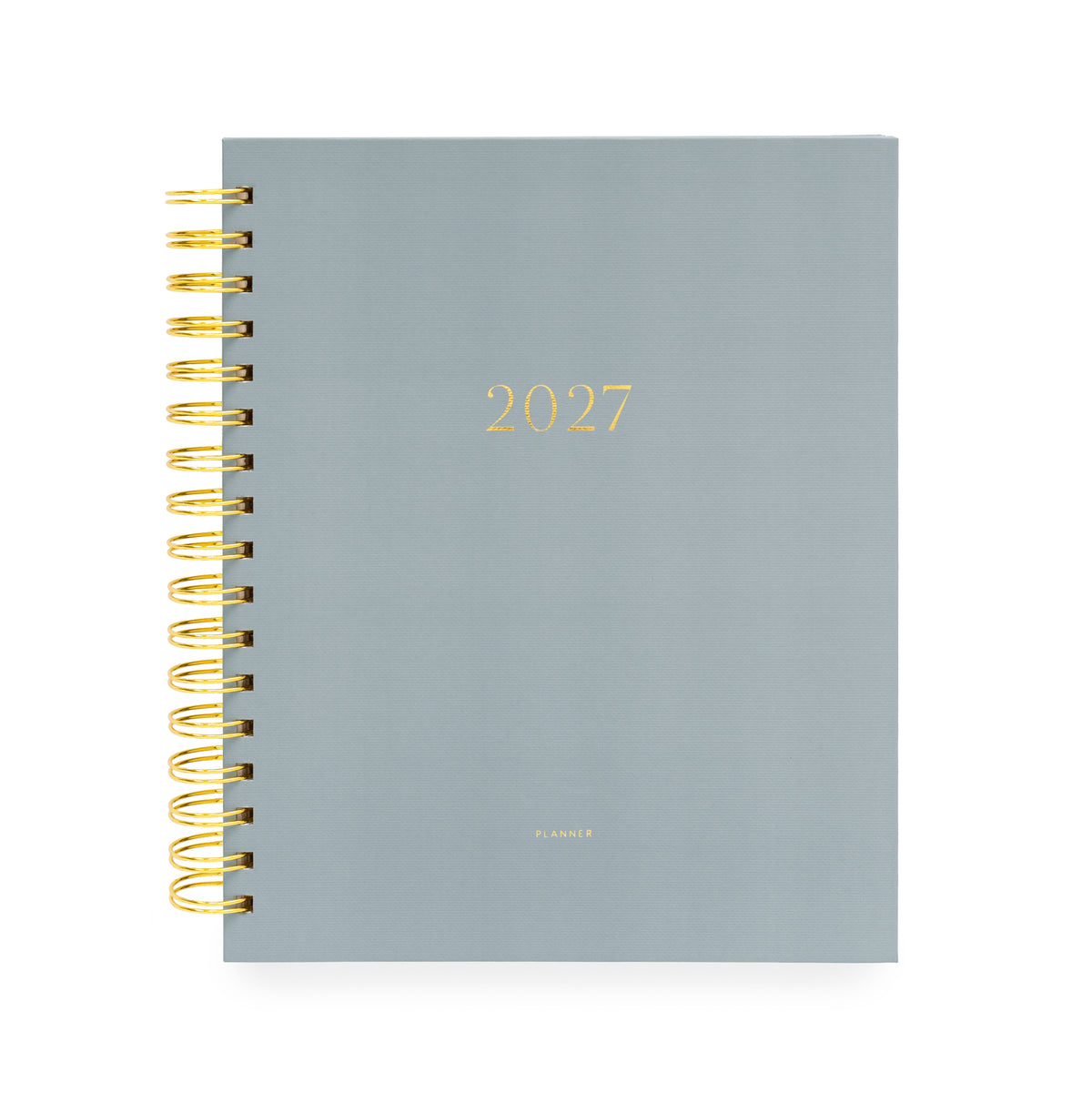 A 2027 spiral-bound planner with a matte slate blue cover and gold foil lettering with '2027' and 'planner' stamped on cover with a gold coil spiral