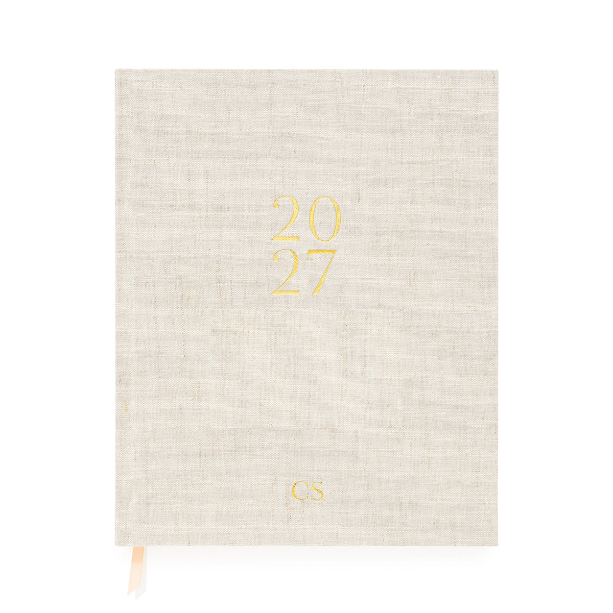 A hardcover linen planner in flax linen with '2027' in gold foil and pink and white ribbon markers