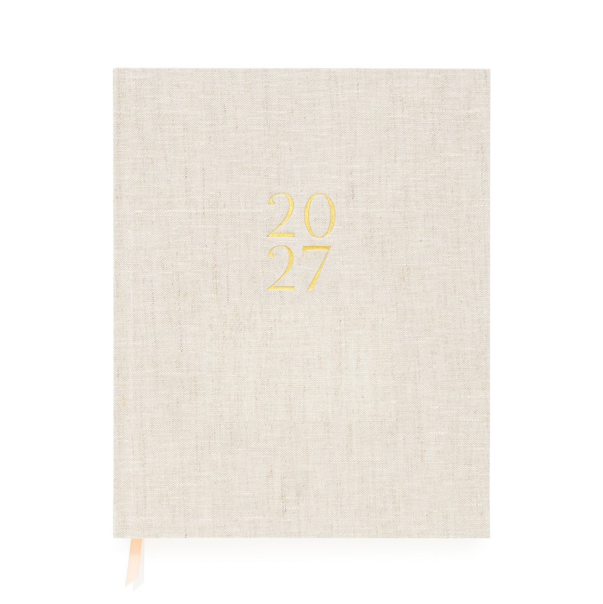 A flax linen fabric bound 2027 planner with gold foil '2027' on the cover and pink and white ribbon markers