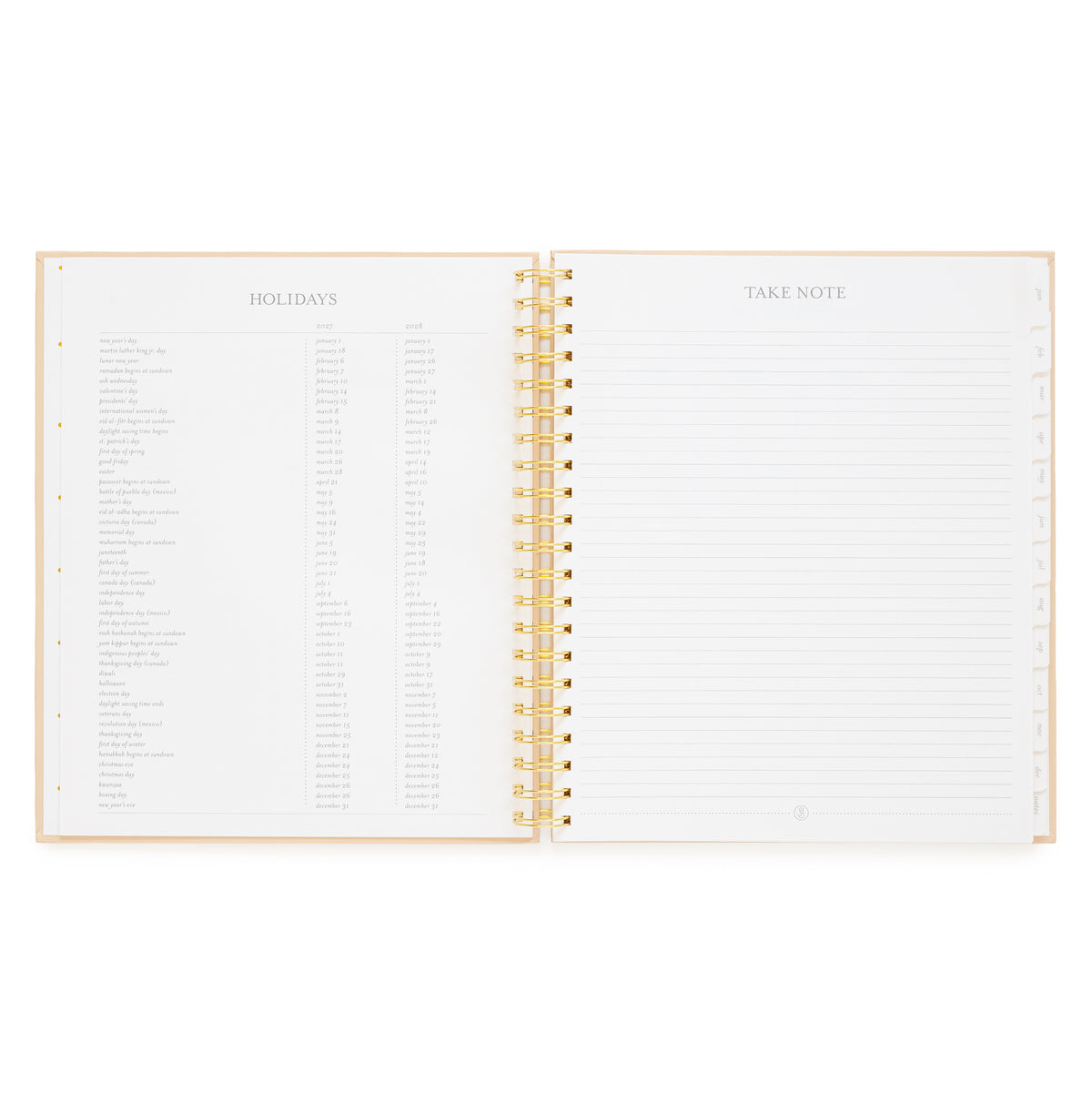 An open spiral-bound planner with gold-spiral, showing two white interior pages. The left page is headed 'HOLIDAYS' with a list of holidays and dates for 2027 and 2028, and the right page is headed 'TAKE NOTE' with lined writing space.