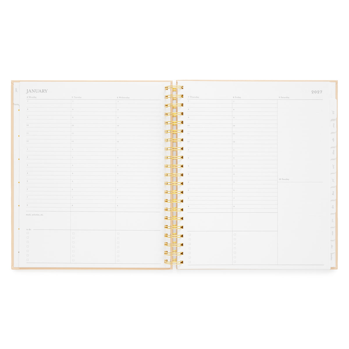 An open spiral-bound planner with white pages and a gold wire binding with daily layout with timed slots for each day of the week and blank box spaces for the weekend days