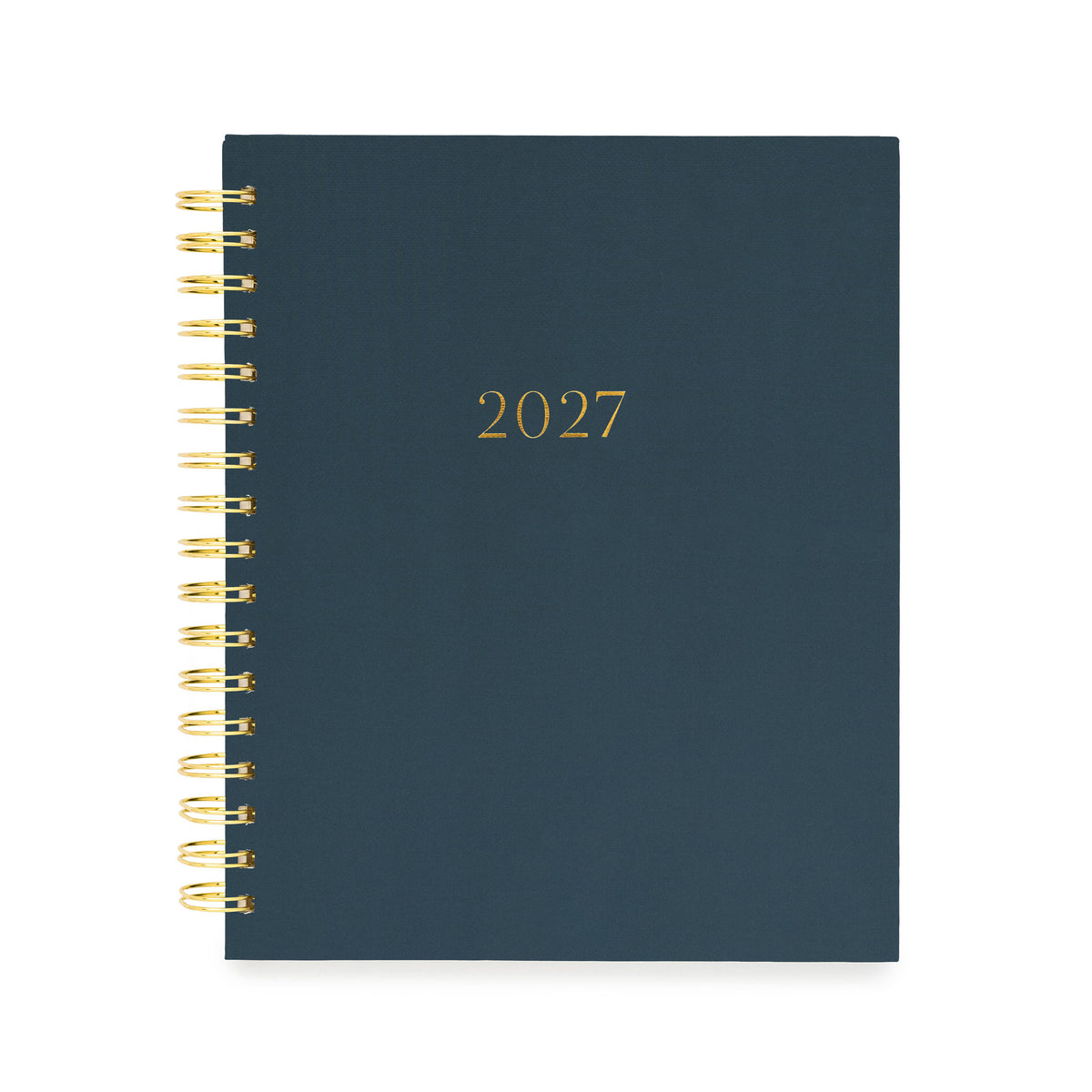A 2027 spiral-bound planner with a dark navy blue cover and gold foil lettering