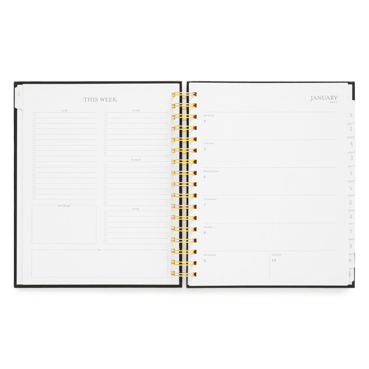 An open weekly planner with white pages, a black cover edge, and gold spiral binding, showing the weekly layout. On the left, planning prompts and on the right weekly layout with spaces for each day of the week