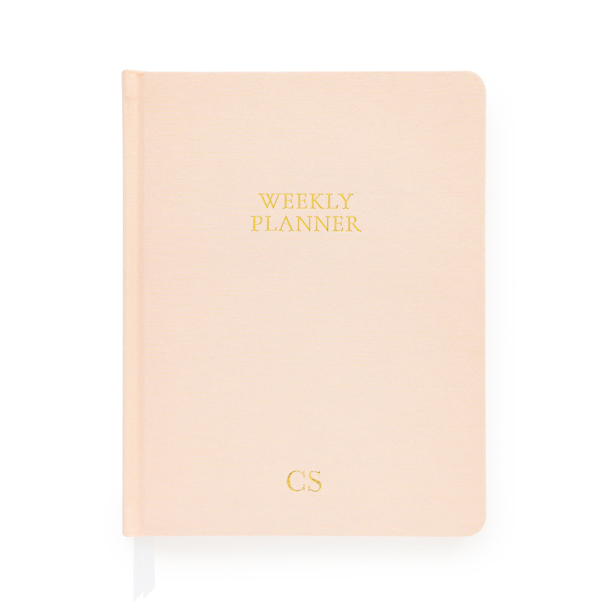 Pale pink weekly planner with gold foil initials
