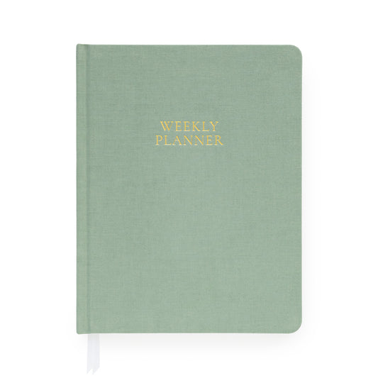 Sage Green Weekly Planner with white ribbon bookmark