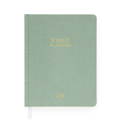 Sage green weekly planner with gold foil initials