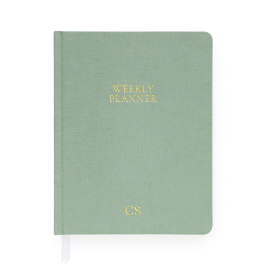 Sage green weekly planner with gold foil initials