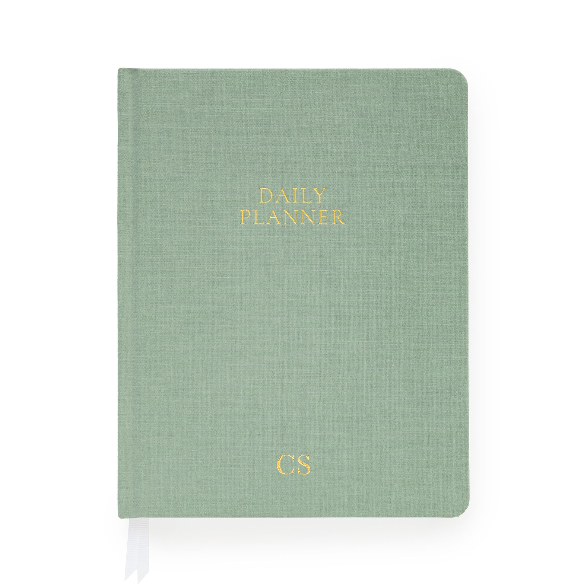 Sage green daily planner with gold foil initials