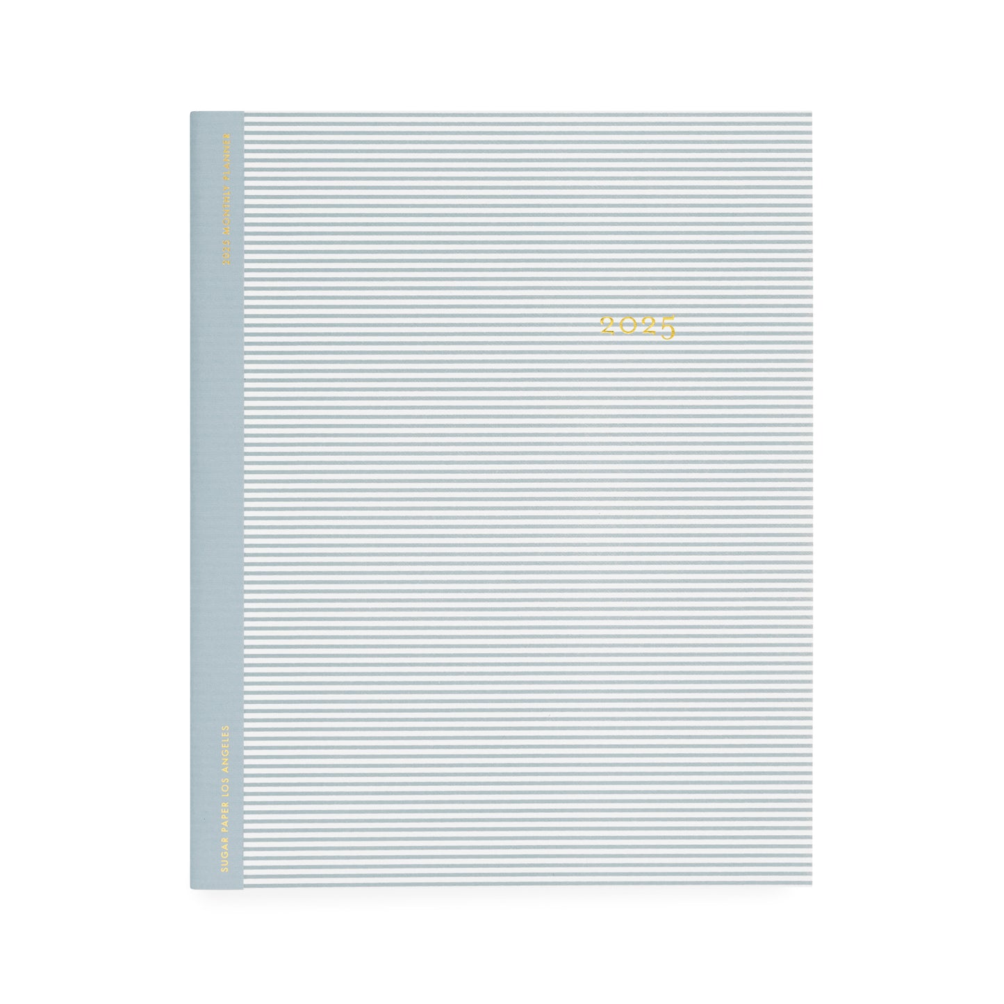 Dusty blue and white stripe monthly planner foil stamped in gold with 2025 on the cover