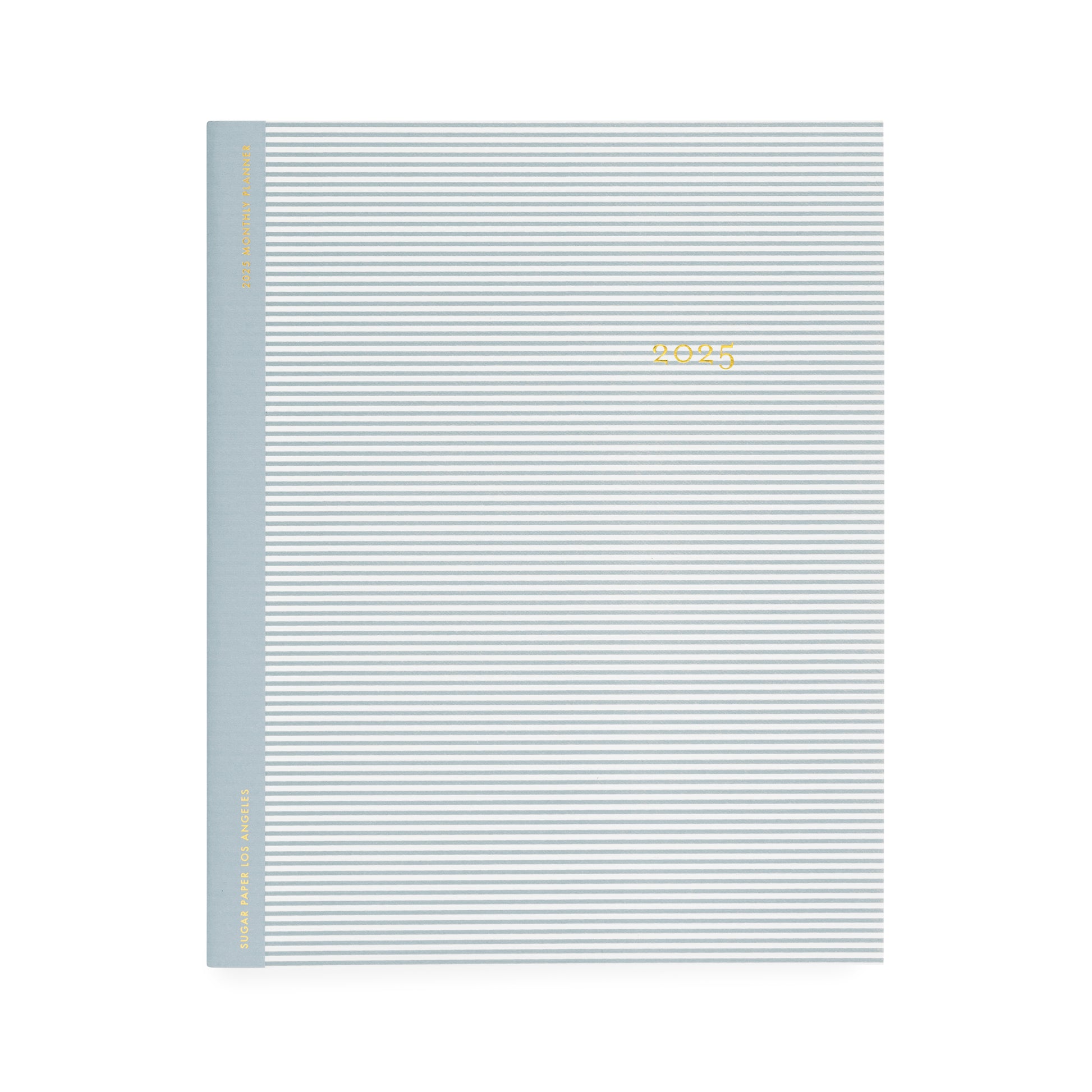 Dusty blue and white stripe monthly planner foil stamped in gold with 2025 on the cover