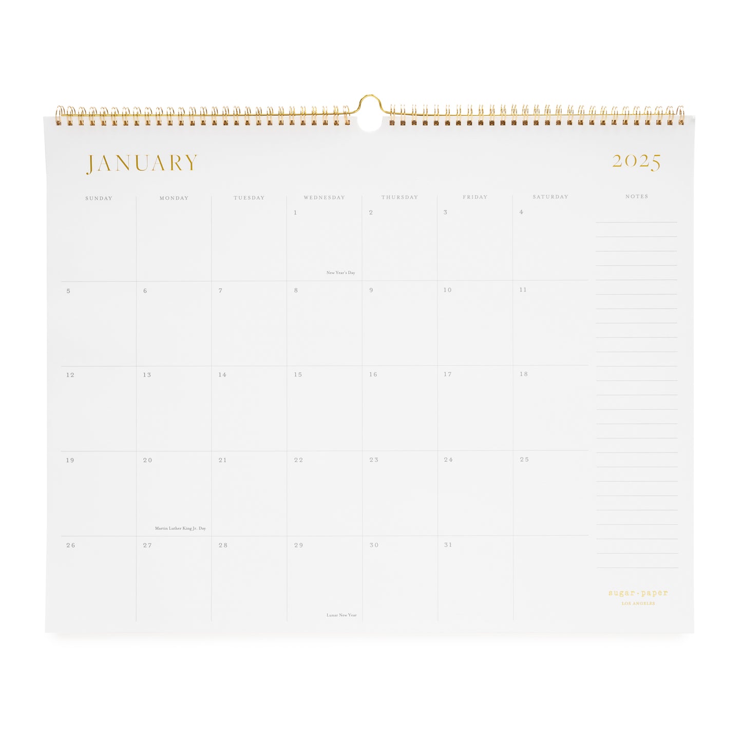 2025 wall calendar with gold spiral binding and gold foil details