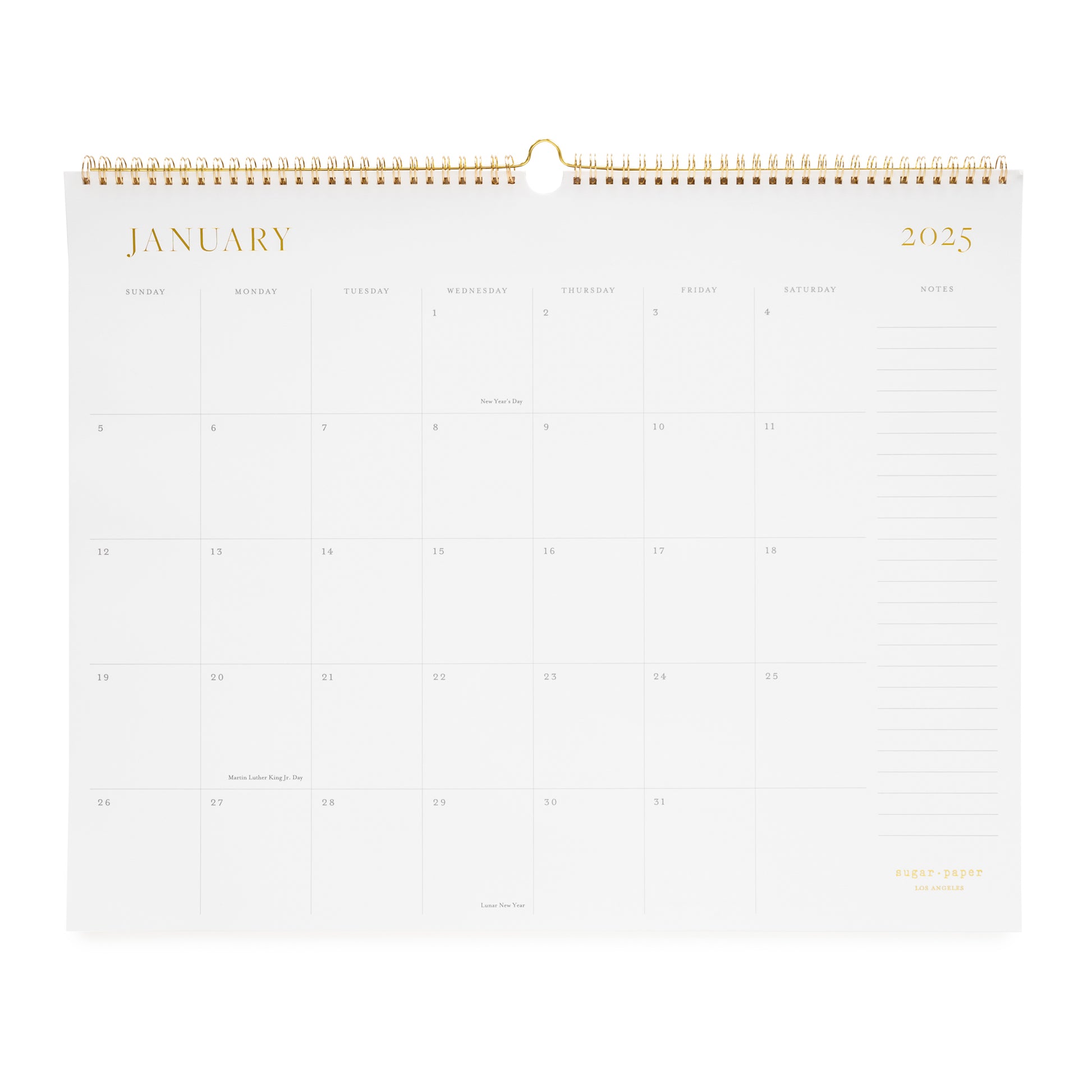 2025 wall calendar with gold spiral binding and gold foil details