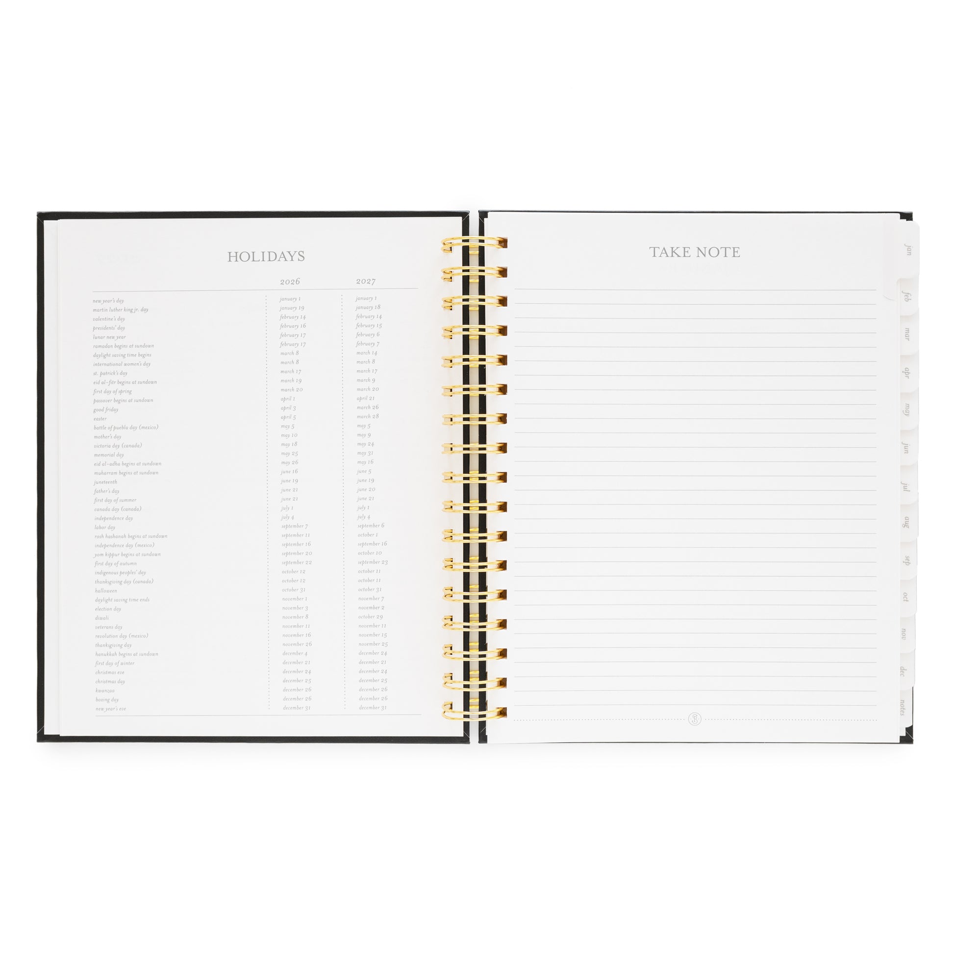Open spiral-bound planner with 2026 + 2027 'Holidays' and 'Take Note' sections