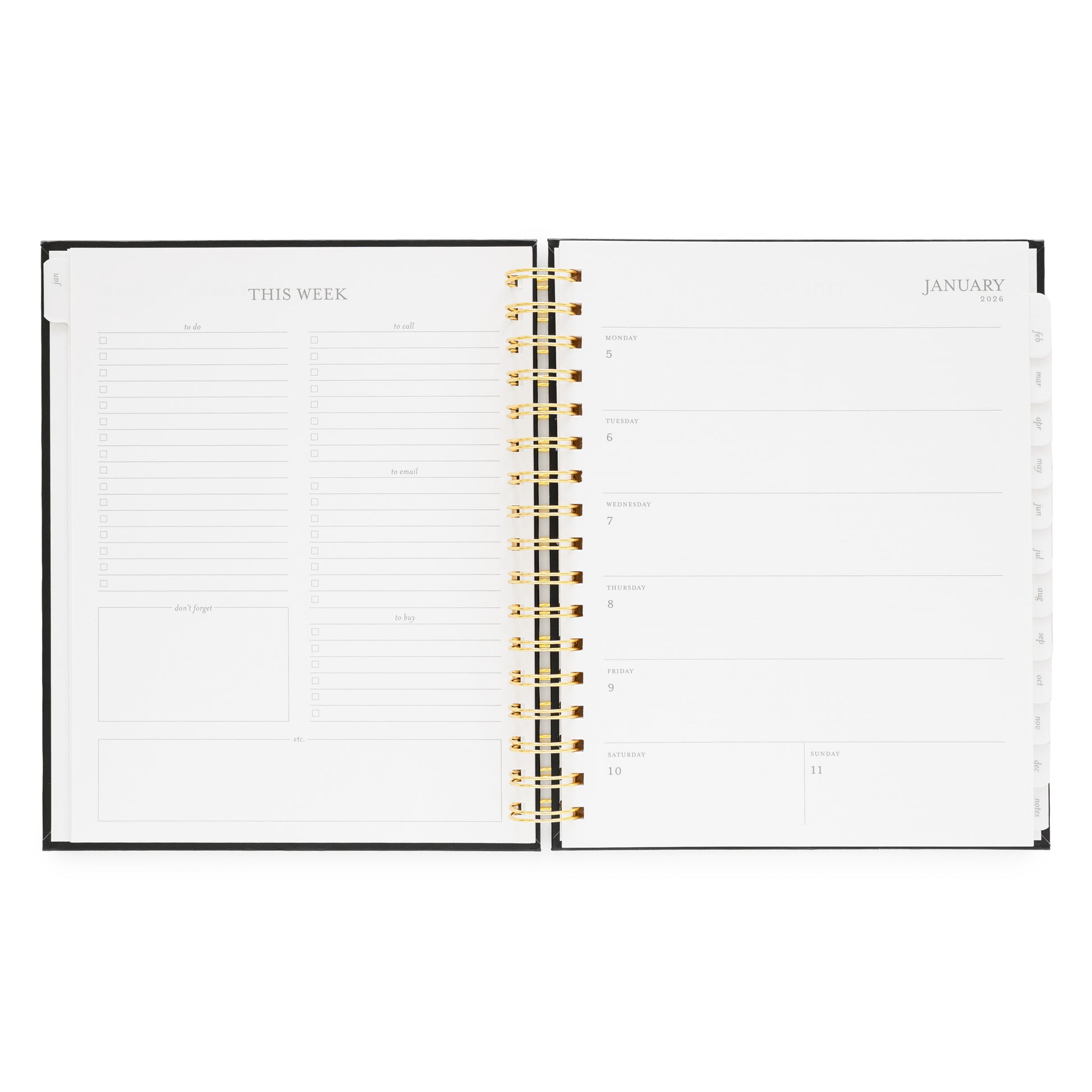 Open planner showing weekly layout for January 2026 with weekly to do lists and space for each day of the week