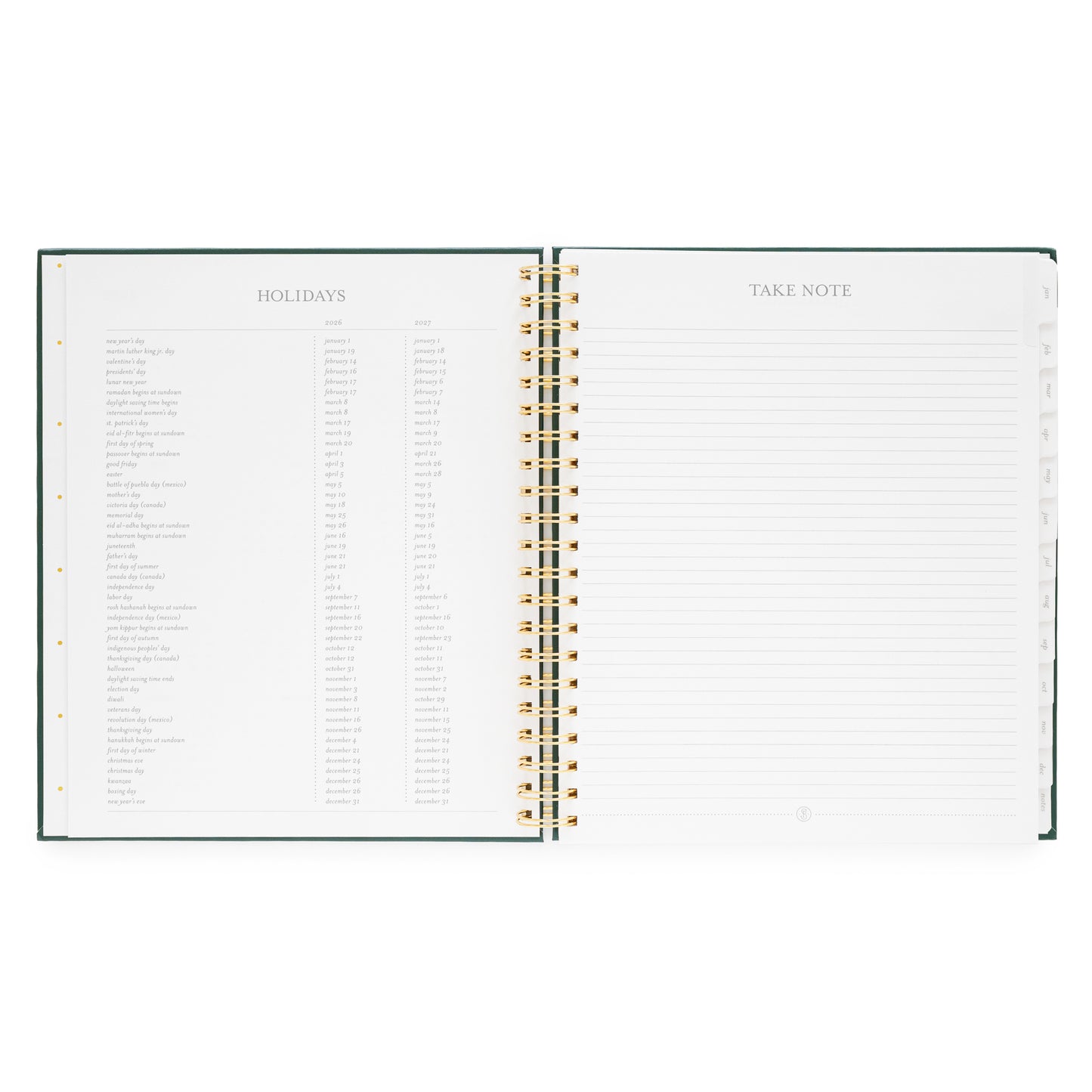 Open large weekly spiral-bound planner with 2026 + 2027 Holidays and 'Take Note' lined note page