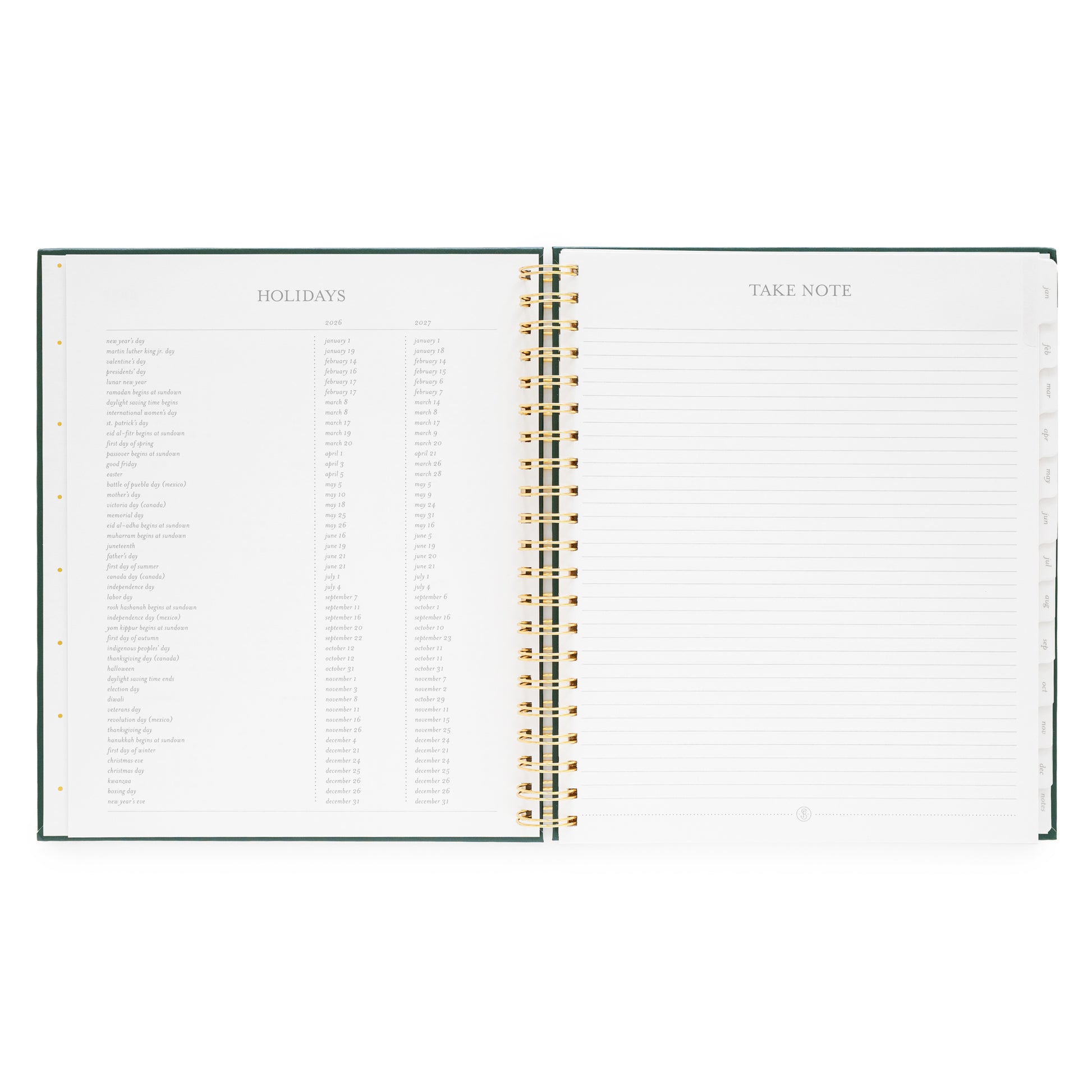 Open large weekly spiral-bound planner with 2026 + 2027 Holidays and 'Take Note' lined note page