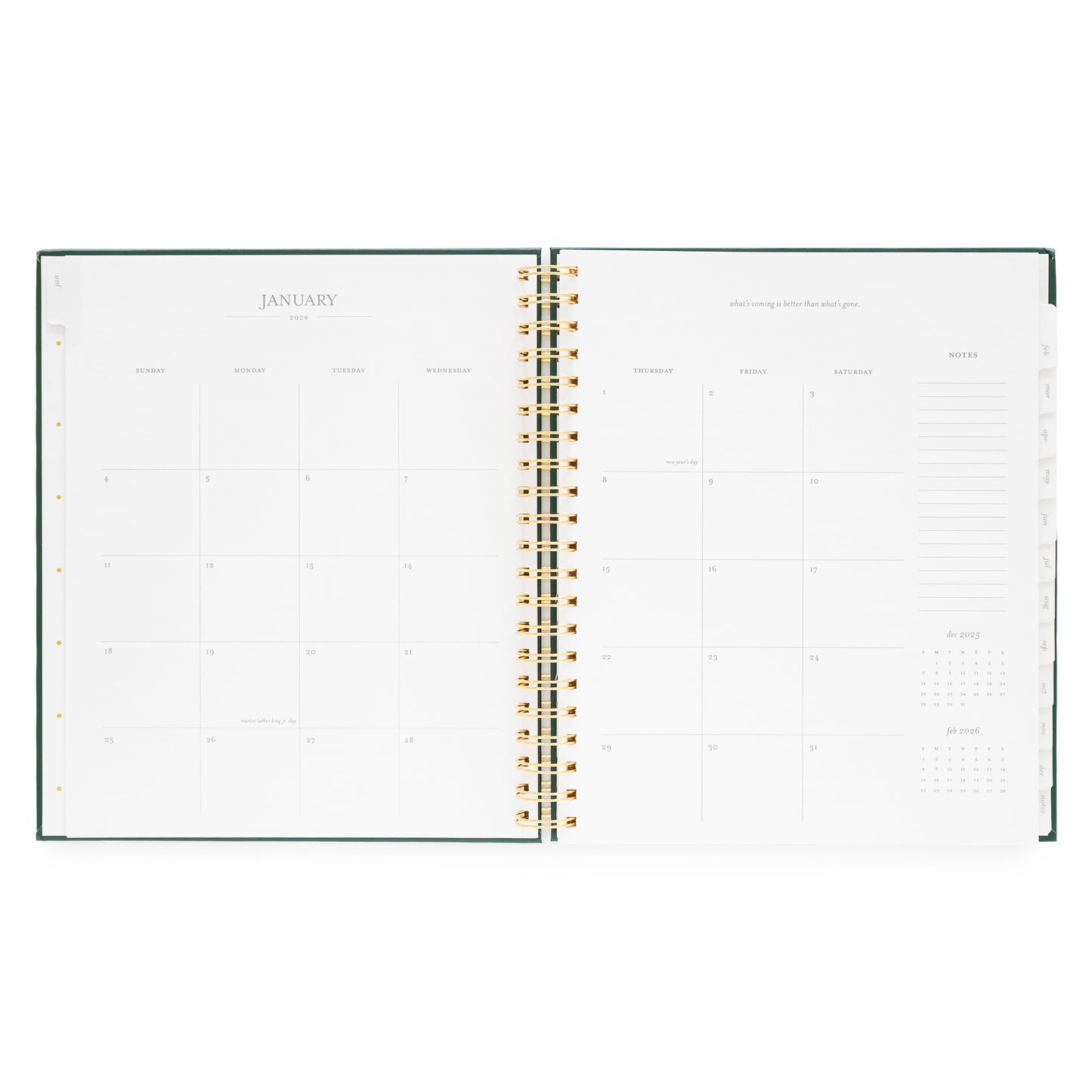 Open large weekly spiral-bound planner showing a monthly layout with January 2026