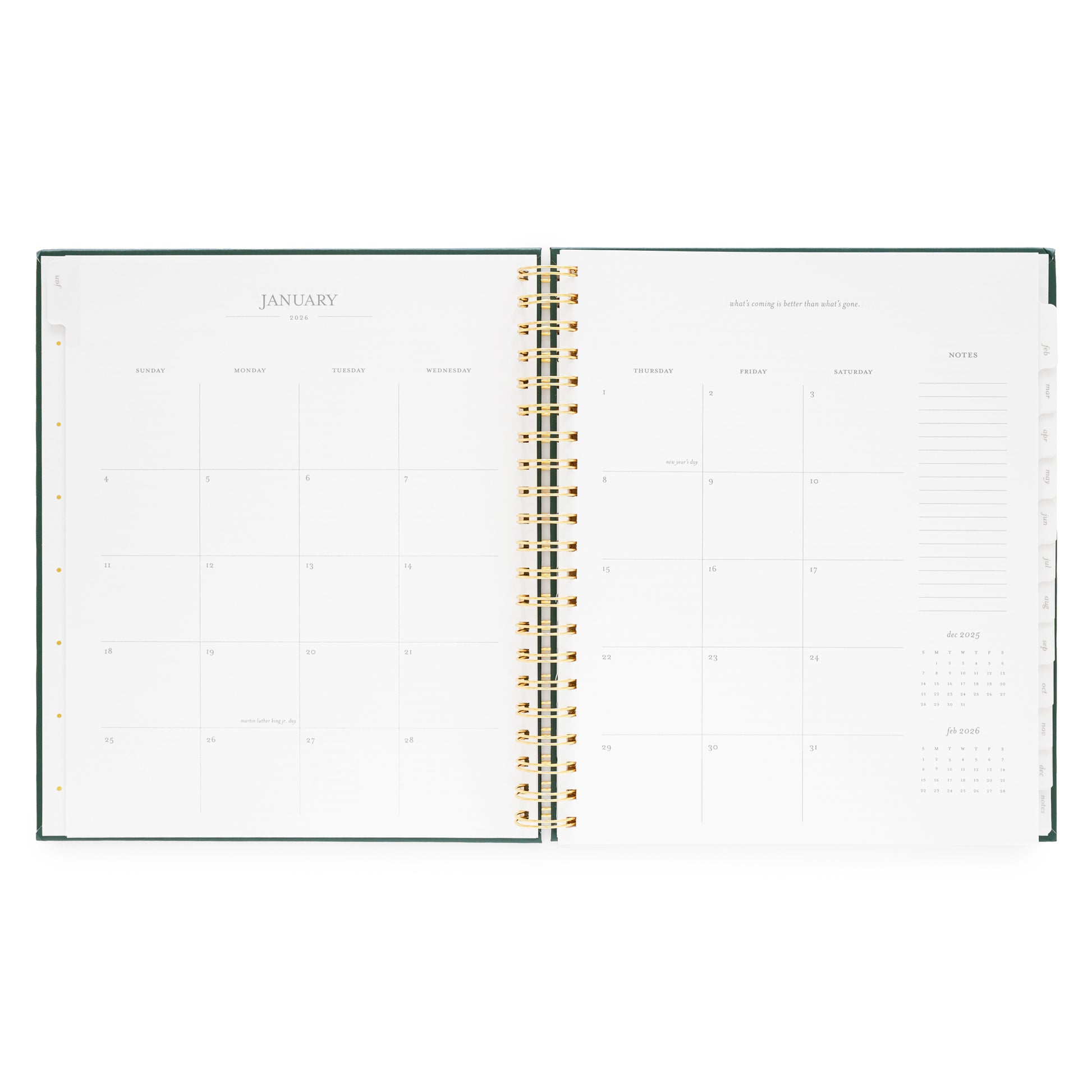 Open large weekly spiral-bound planner showing a monthly layout with January 2026