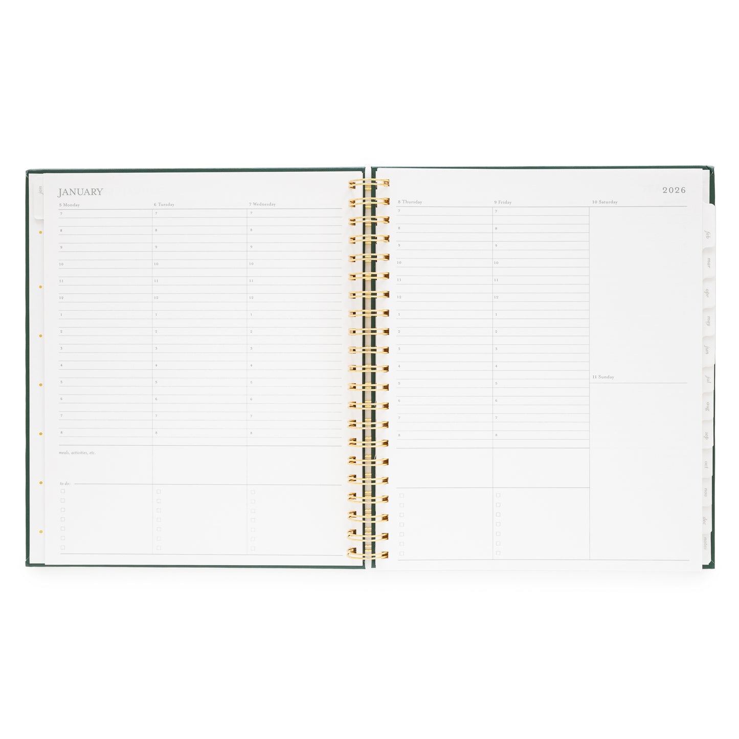 Open large weekly spiral planner showing a weekly layout for January 2026 with timed slots for each weekday and room for weekend dates