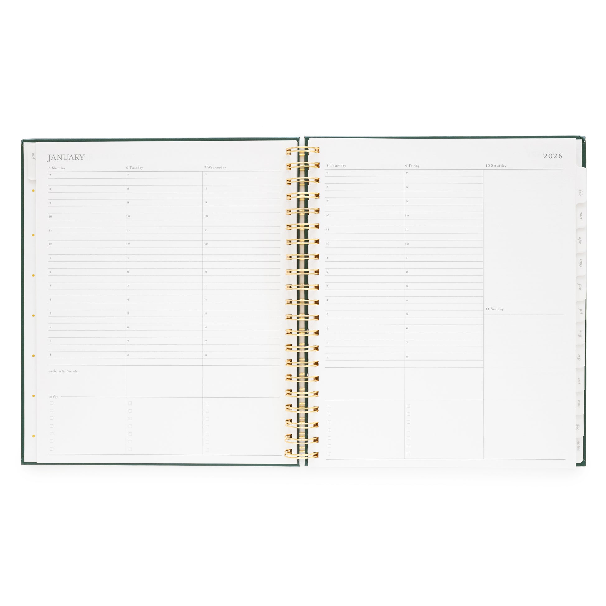 Open large weekly spiral planner showing a weekly layout for January 2026 with timed slots for each weekday and room for weekend dates
