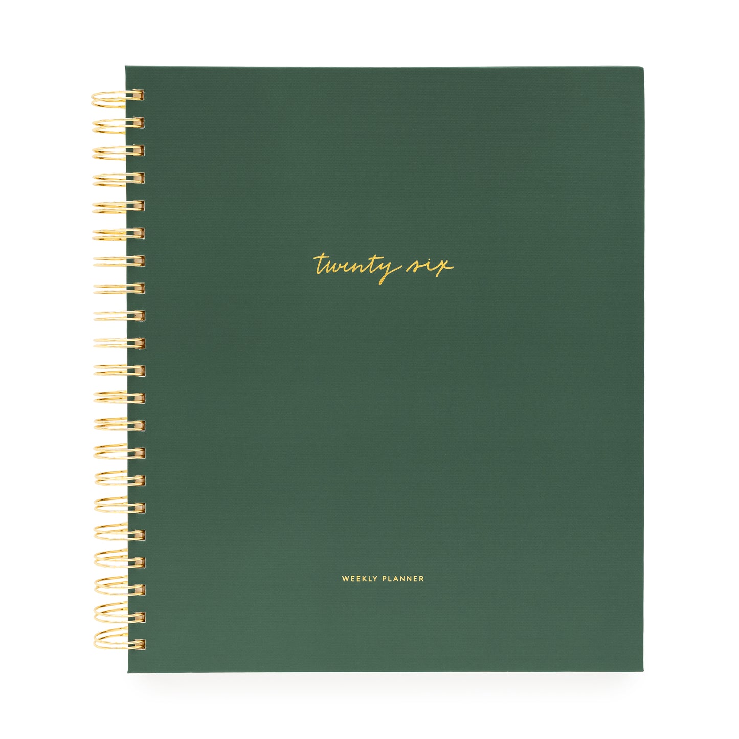 Green planner with gold spiral binding and 'twenty six' text on a white background