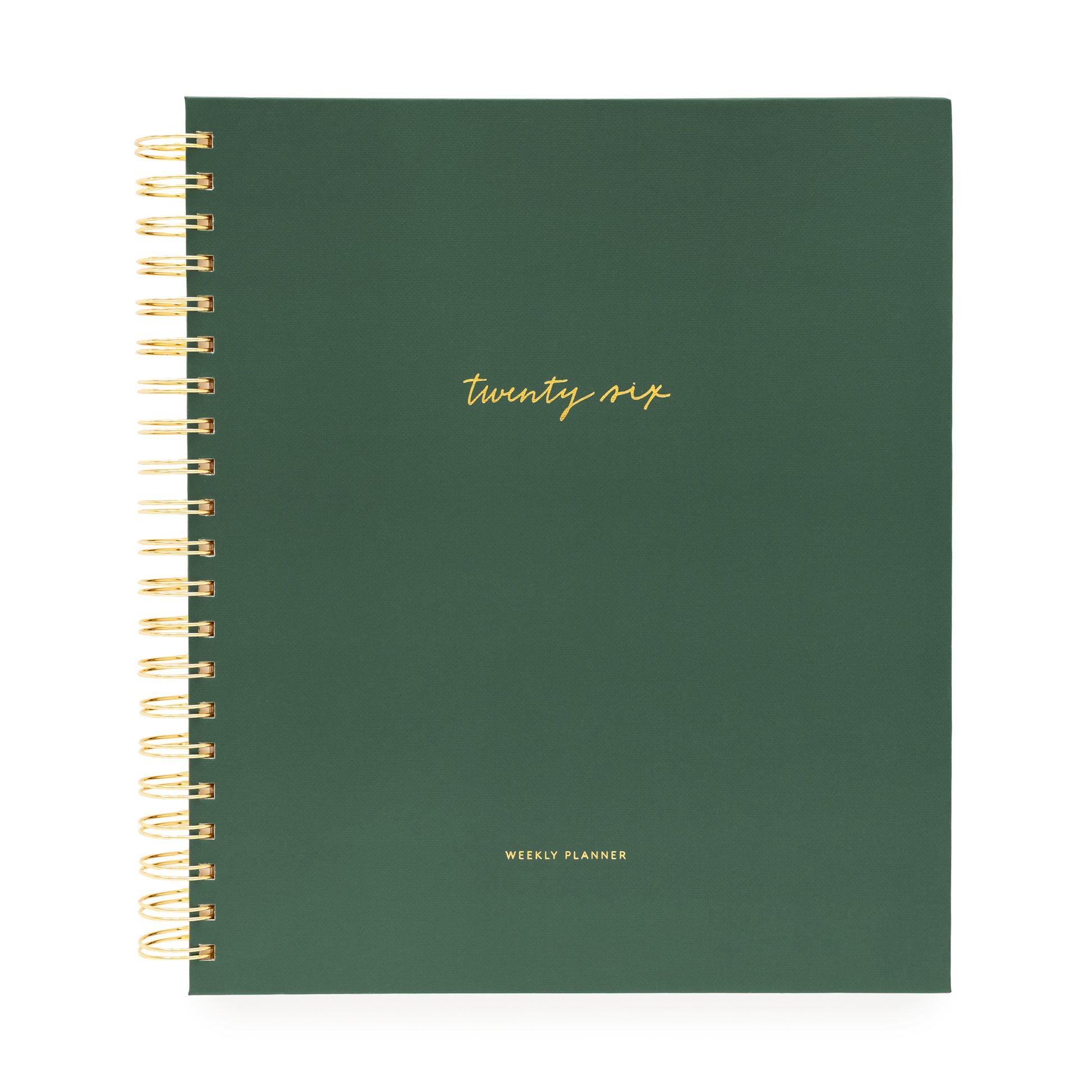 Green planner with gold spiral binding and 'twenty six' text on a white background