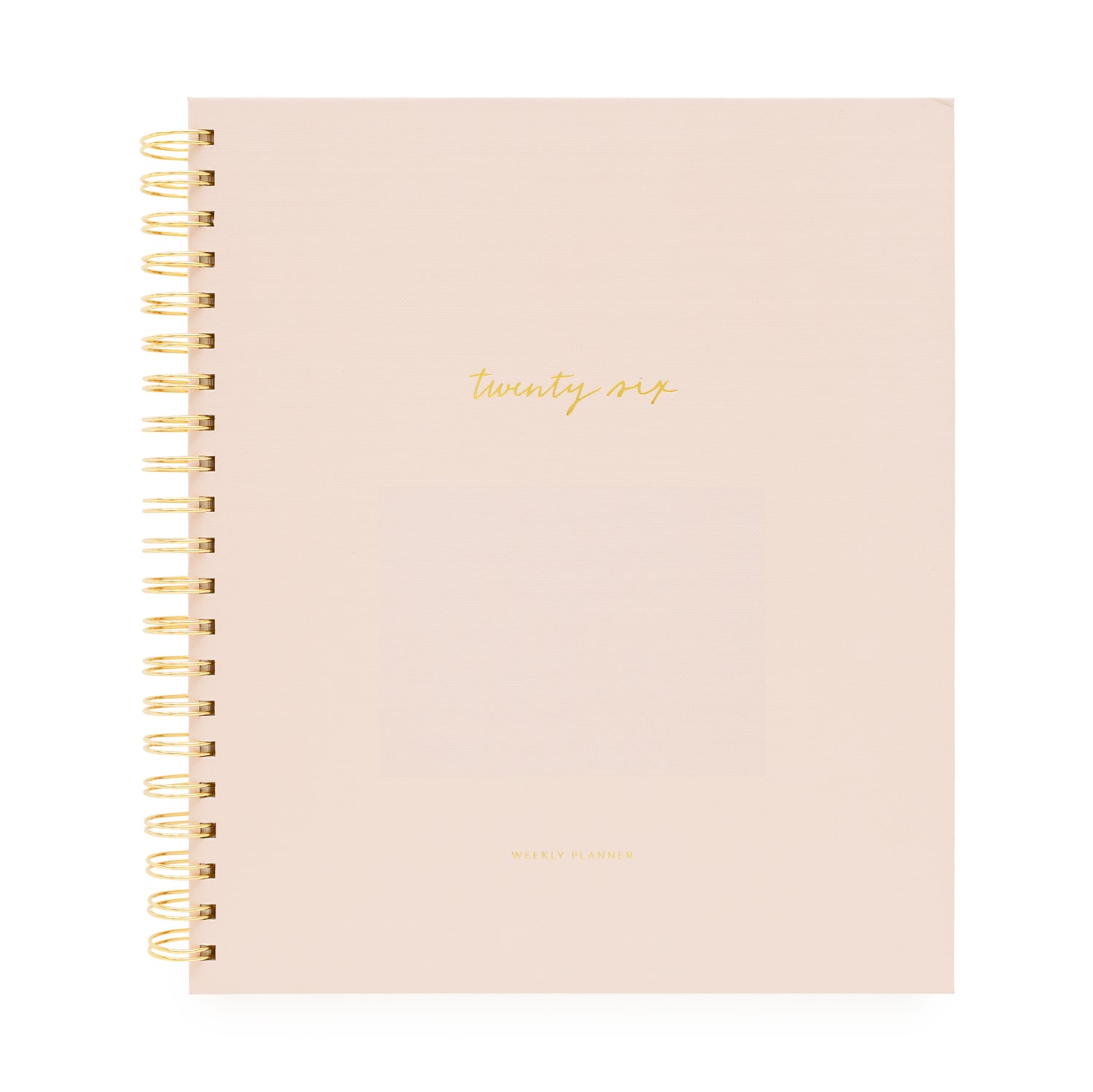 Blush planner with gold spiral binding and 'twenty-six' on cover}
