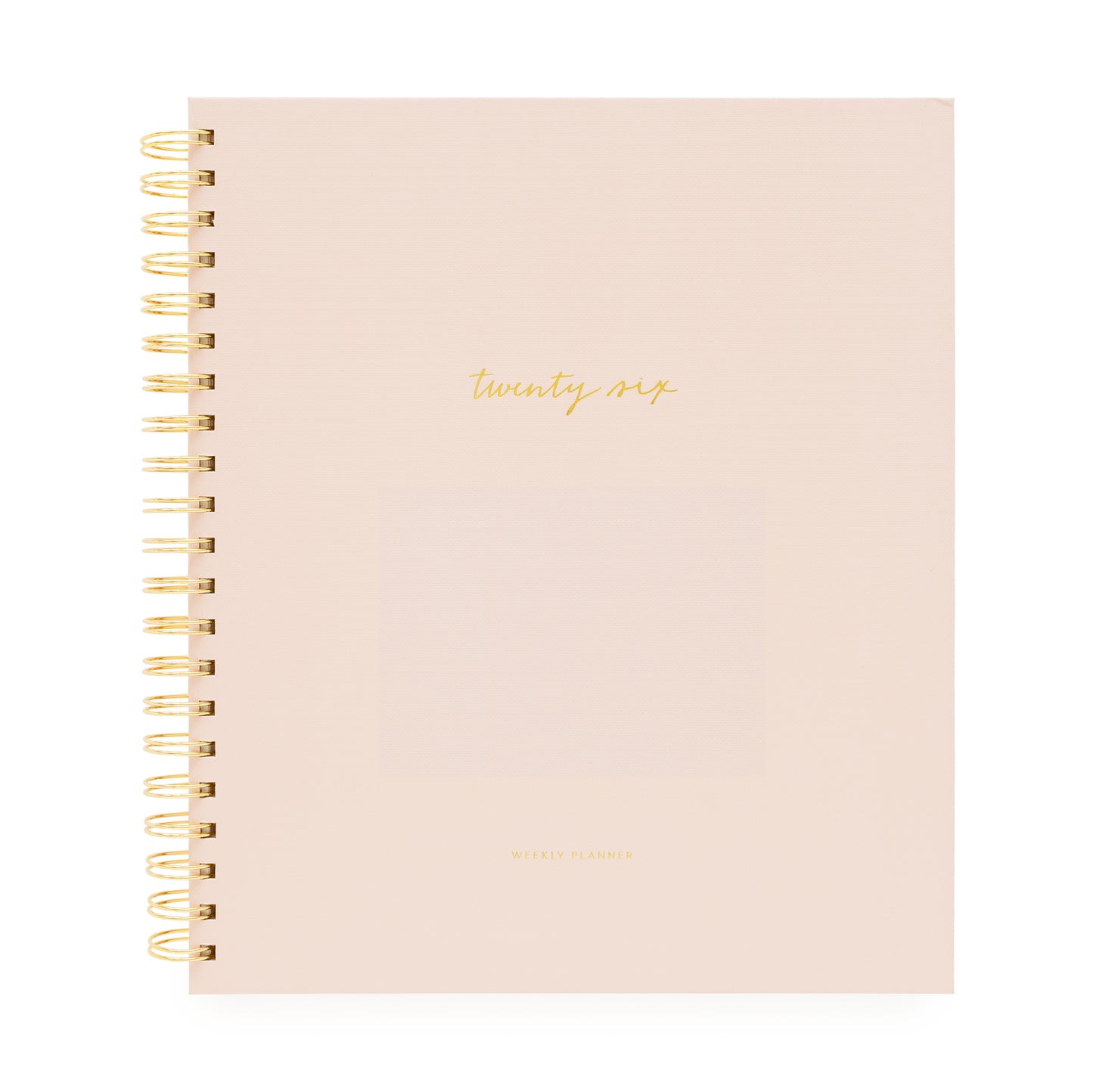 Blush planner with gold spiral binding and 'twenty-six' on cover