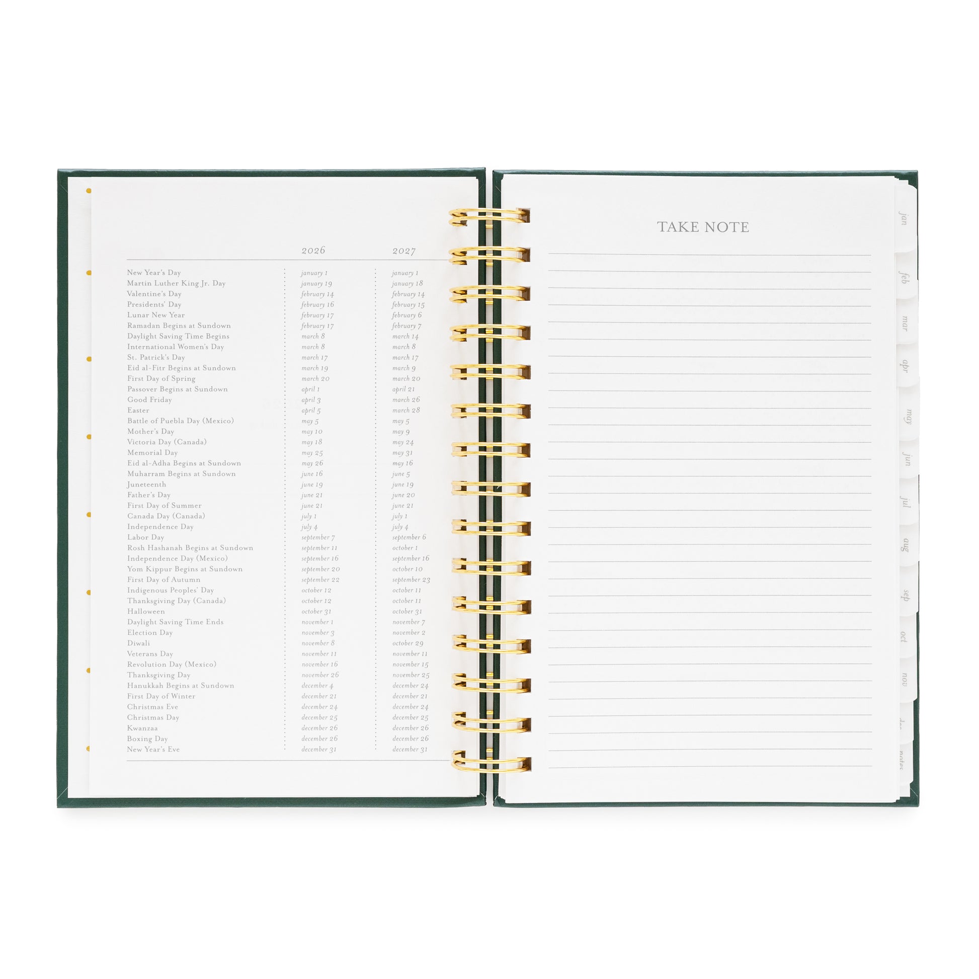 Open small spiral planner with lined pages and 2026 + 2027 holidays