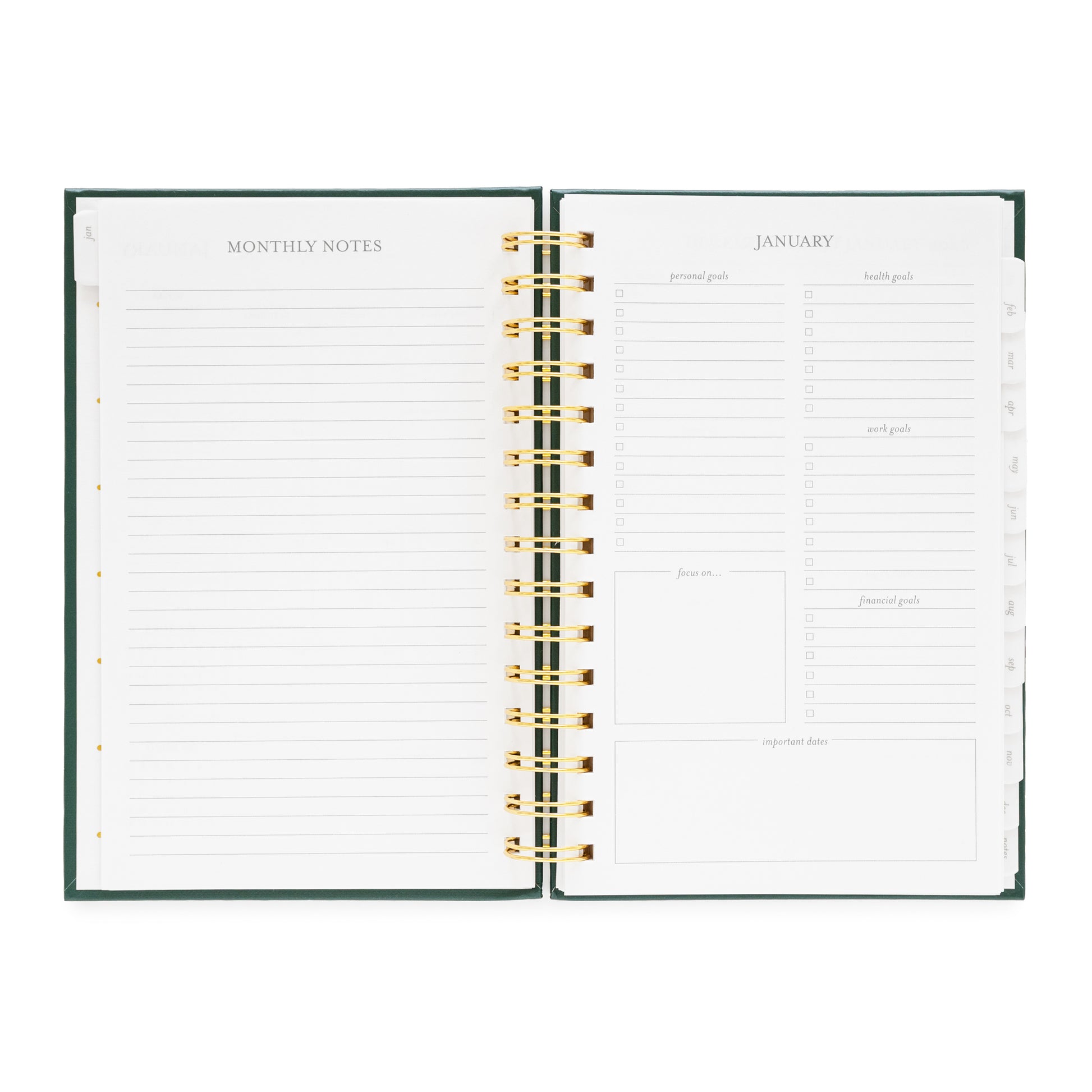 Open small spiral planner showing monthly notes and January monthly goal prompts