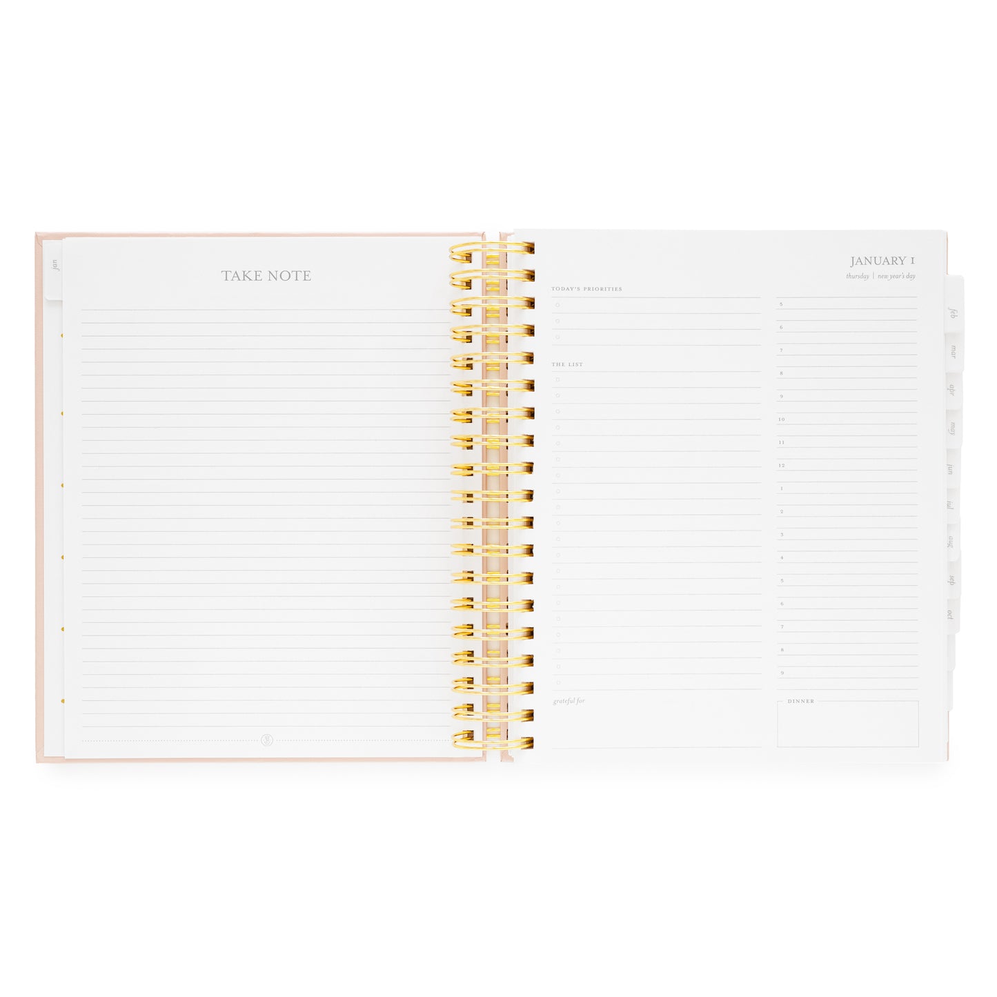 Open spiral planner with lined pages and gold spiral binding with daily page with today's priorities, the list, grateful for, timed slots for planning, and dinner plans