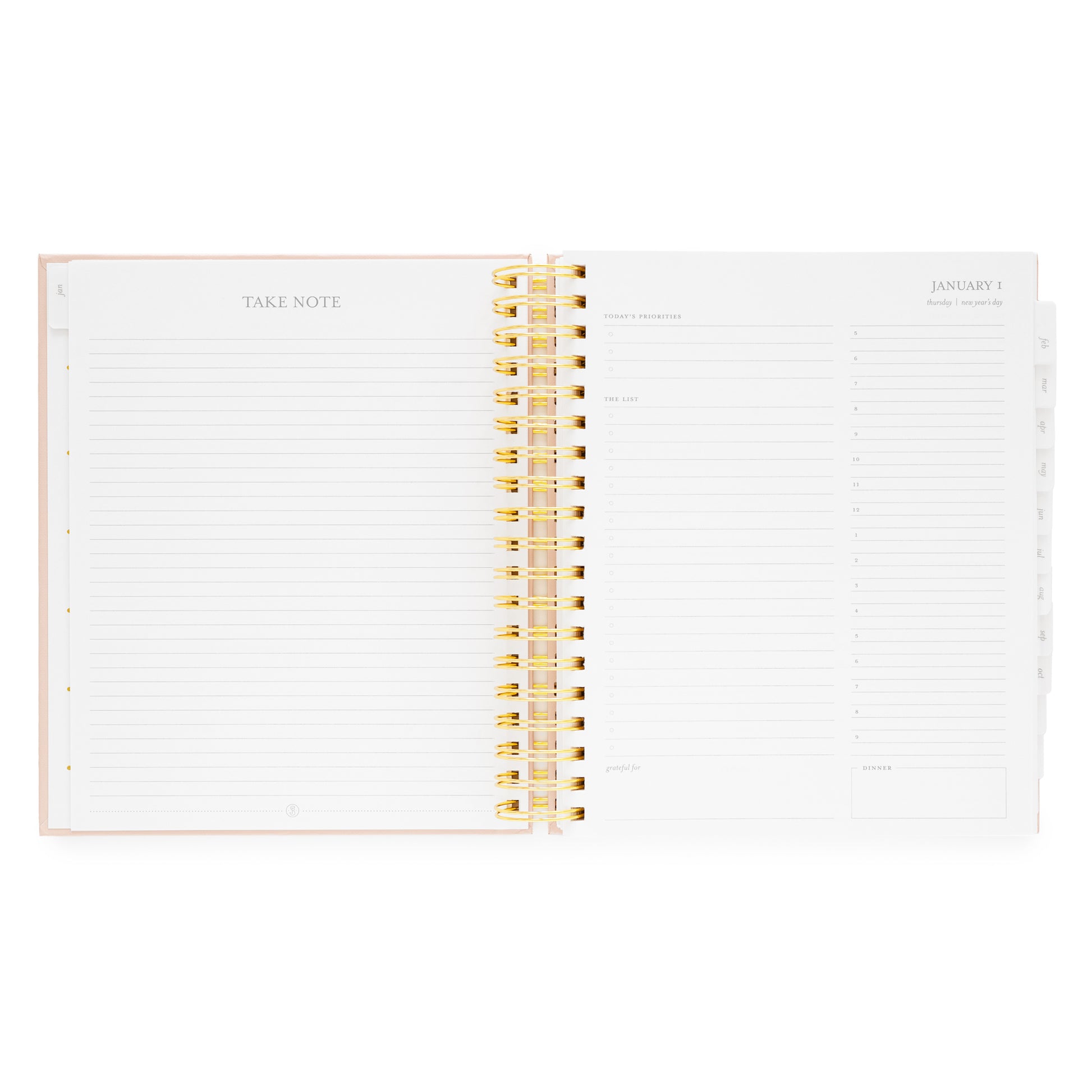 Open spiral planner with lined pages and gold spiral binding with daily page with today's priorities, the list, grateful for, timed slots for planning, and dinner plans