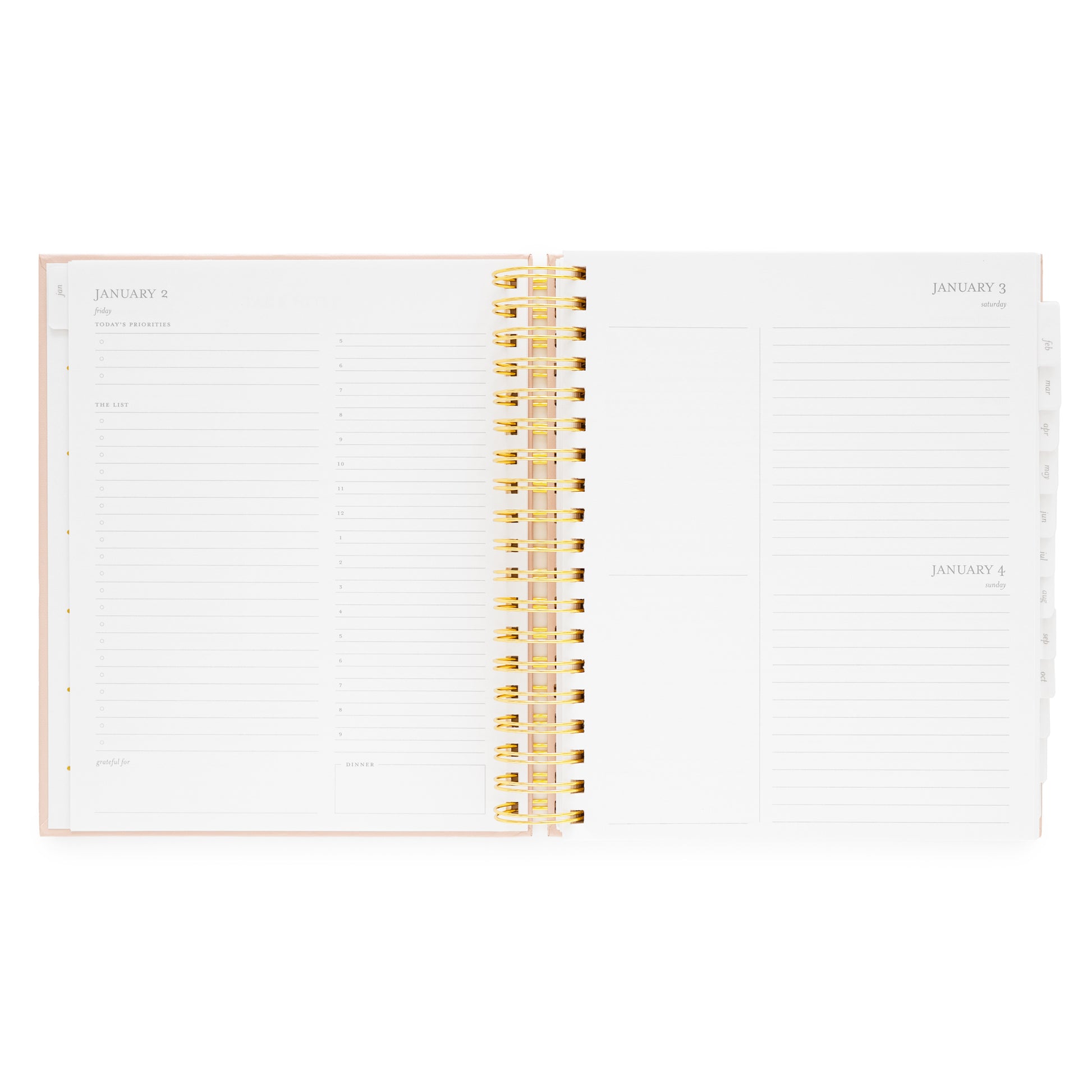 Open spiral planner with daily page with today's priorities, the list, grateful for, timed slots for planning, and dinner plans for each weekday and extra space for each weekend date