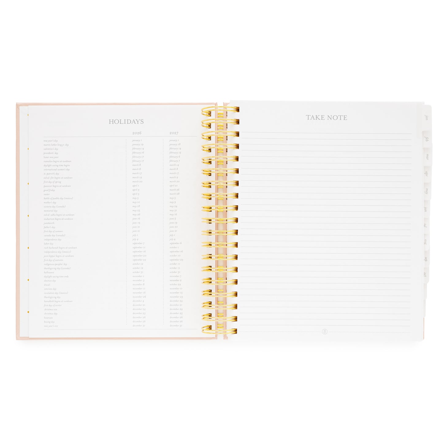Open spiral planner with 2026 + 2027 holidays and take note pages