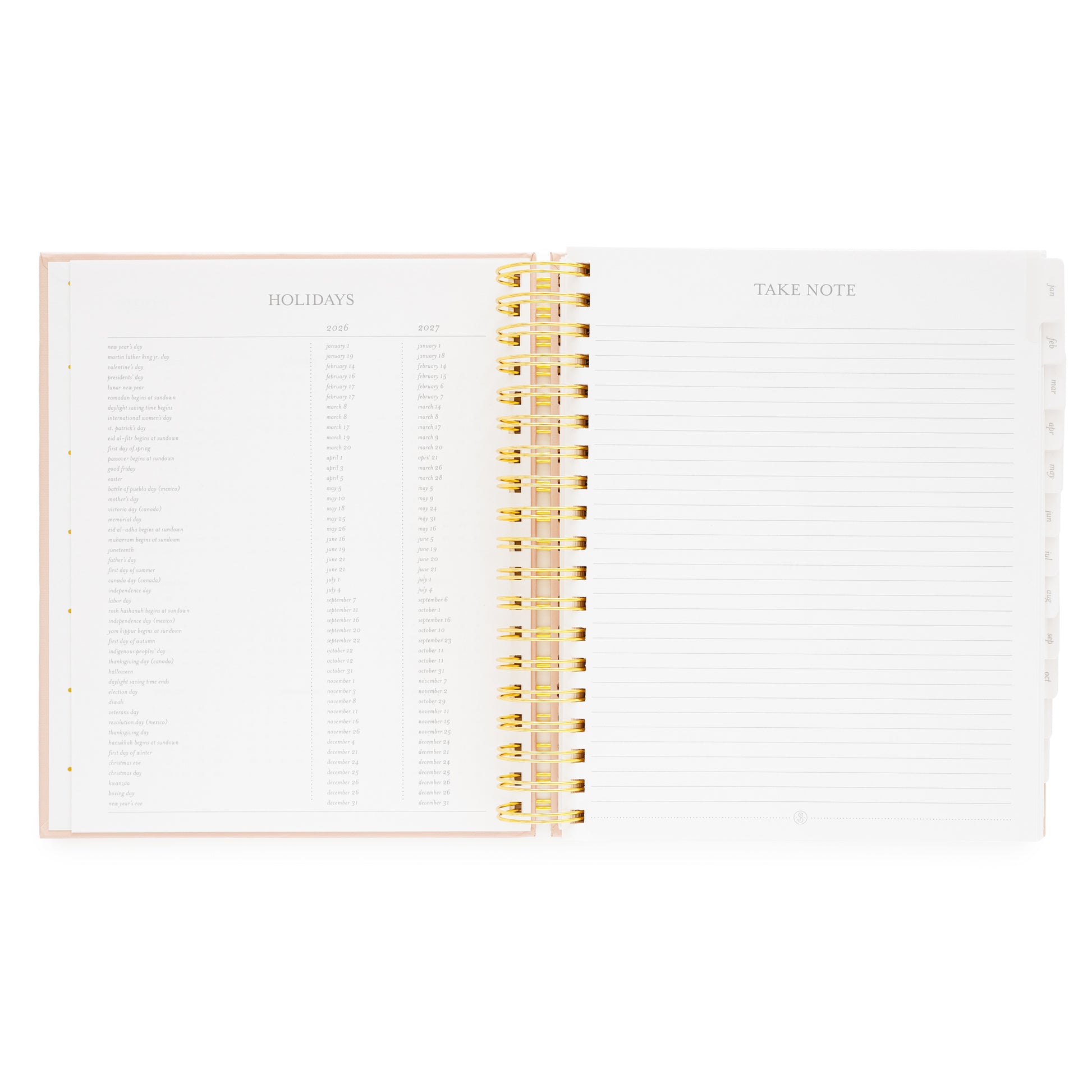 Open spiral planner with 2026 + 2027 holidays and take note pages