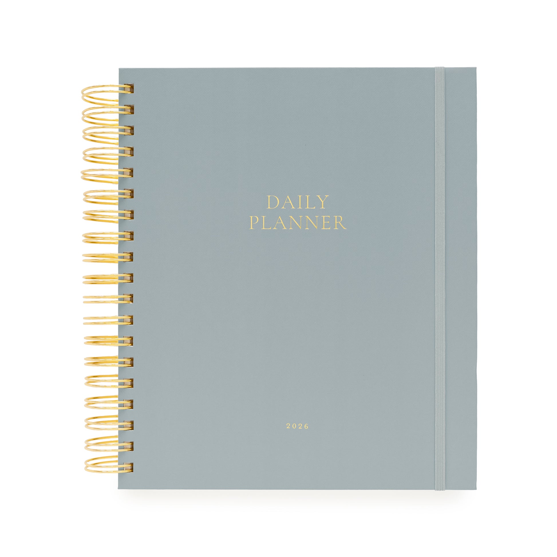 Light blue daily planner with gold spiral binding and daily planner and 2026 foil stamped in gold on cover