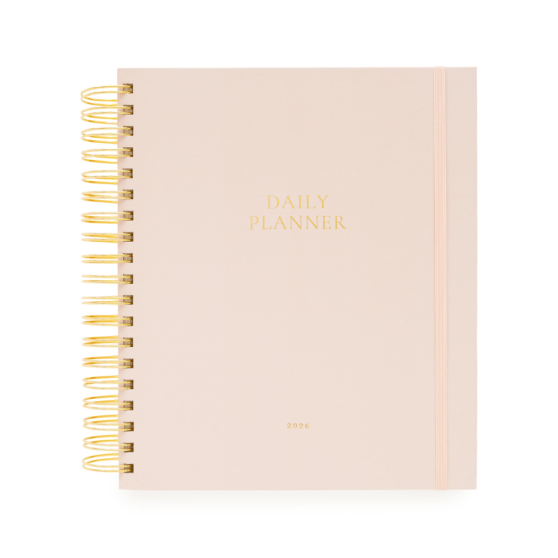 Blush pink daily planner with gold spiral binding and daily planner and 2026 in gold foil on the cover