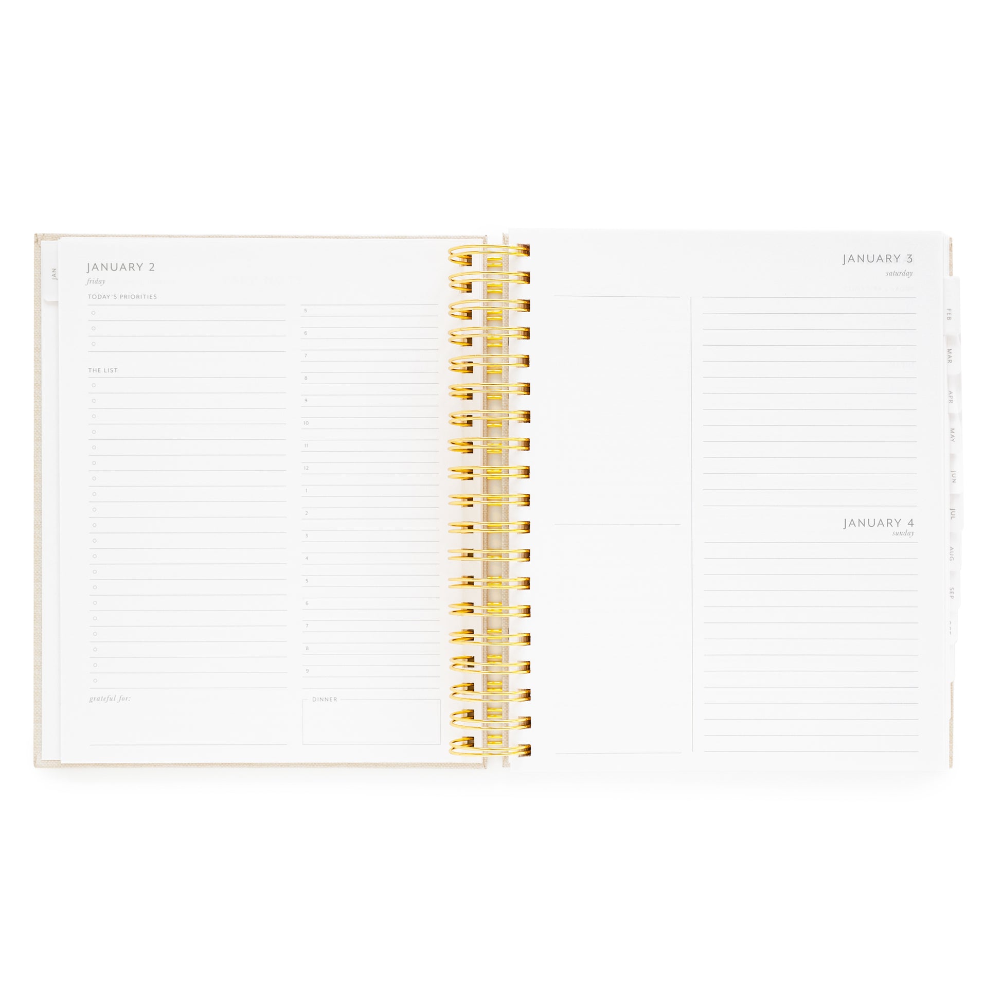 Open spiral planner with daily with today's priorities, the list, grateful for, timed slots for each weekday, and dinner plans, and extra space and blank notes for weekend days