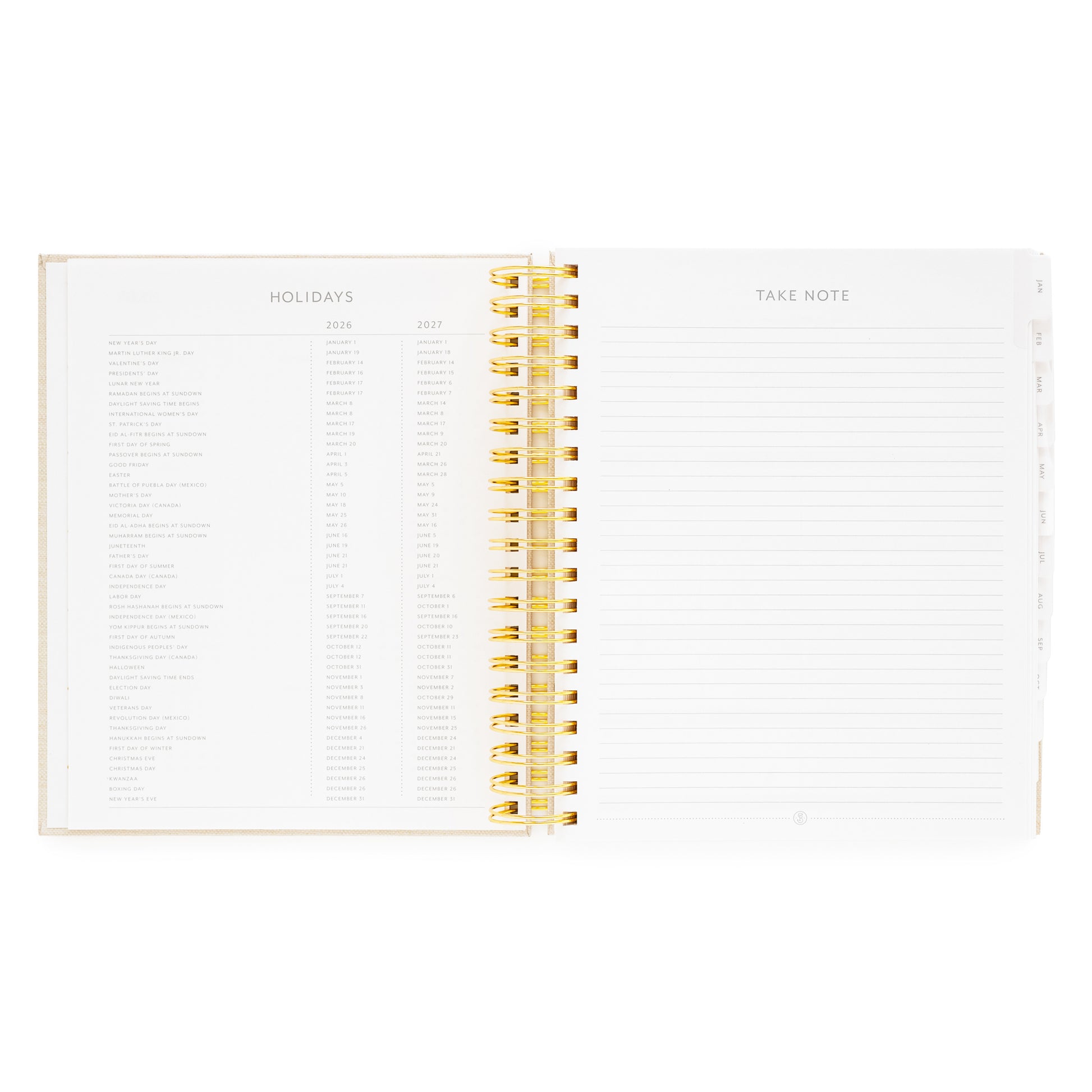 Open spiral-bound planner with '2026 + 2027 Holidays' and 'Take Note' sections