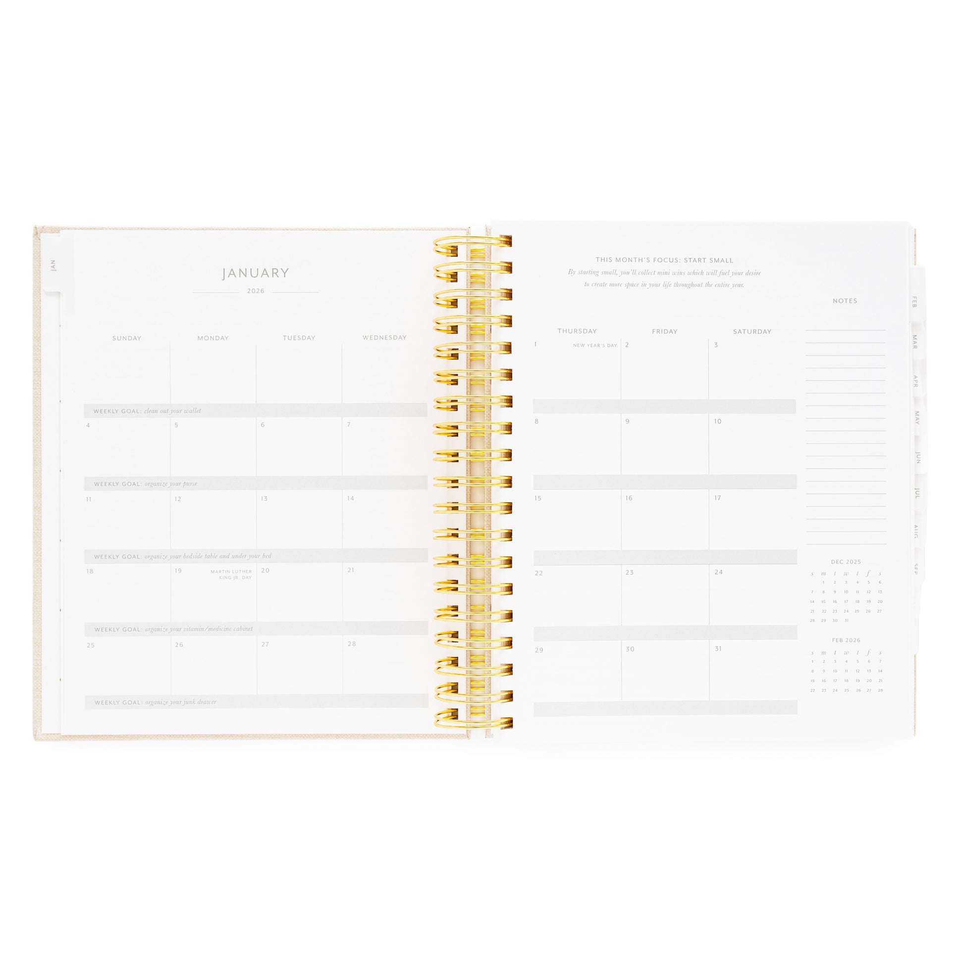 Open daily spiral planner showing January monthly layout with gold spiral binding with weekly goals and monthly project focus