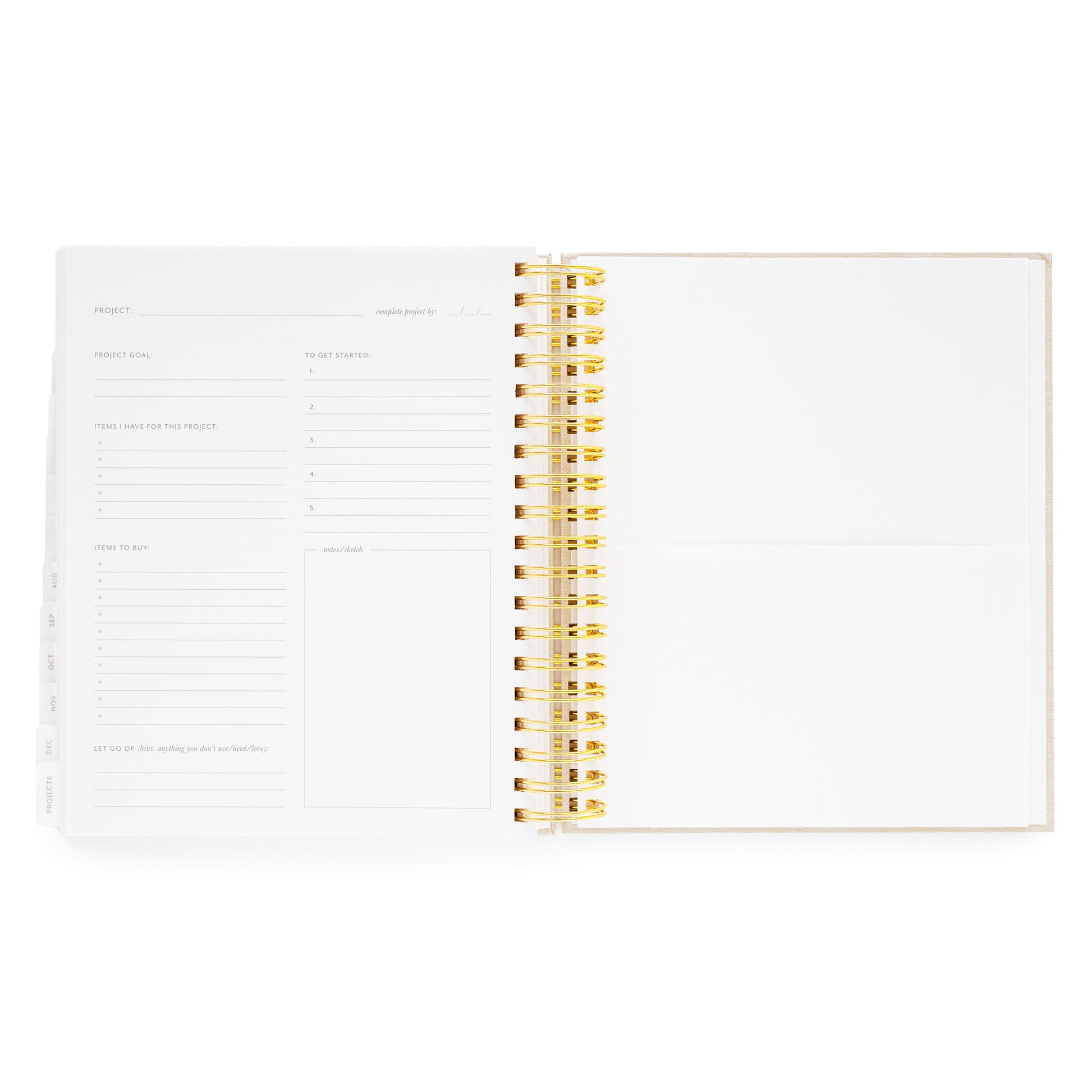 Open daily spiral planner to project page with project goal, items i have for project, items to buy, let go of, to get started and notes/sketch and white pocket for keepsakes