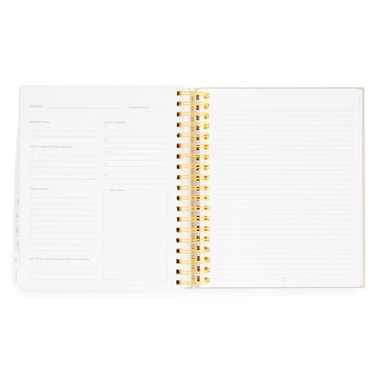 Open daily spiral planner to project page with project goal, items i have for project, items to buy, let go of, to get started and notes/sketch and lined notes pages