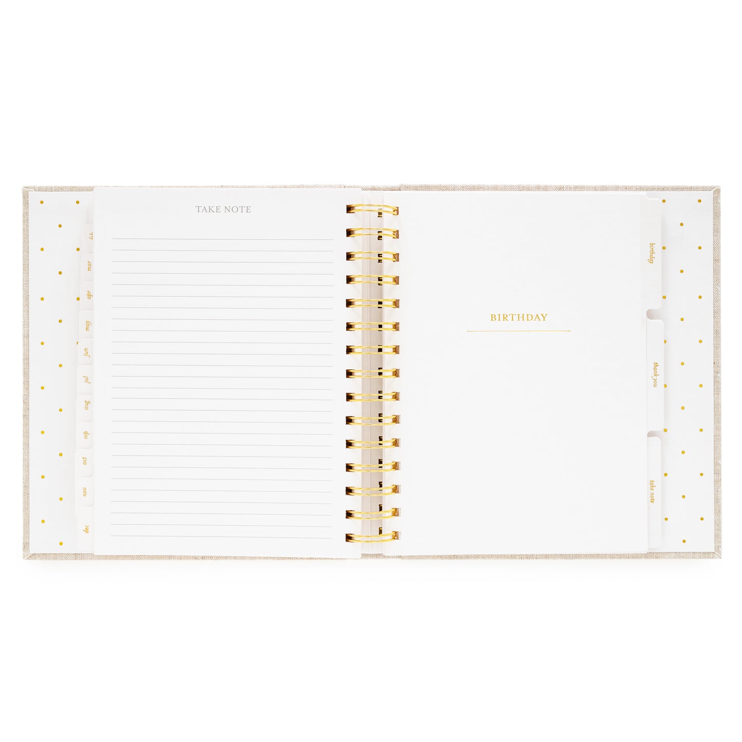 Open concealed agenda with gold spiral with take note and ruled lines and birthday introduction section