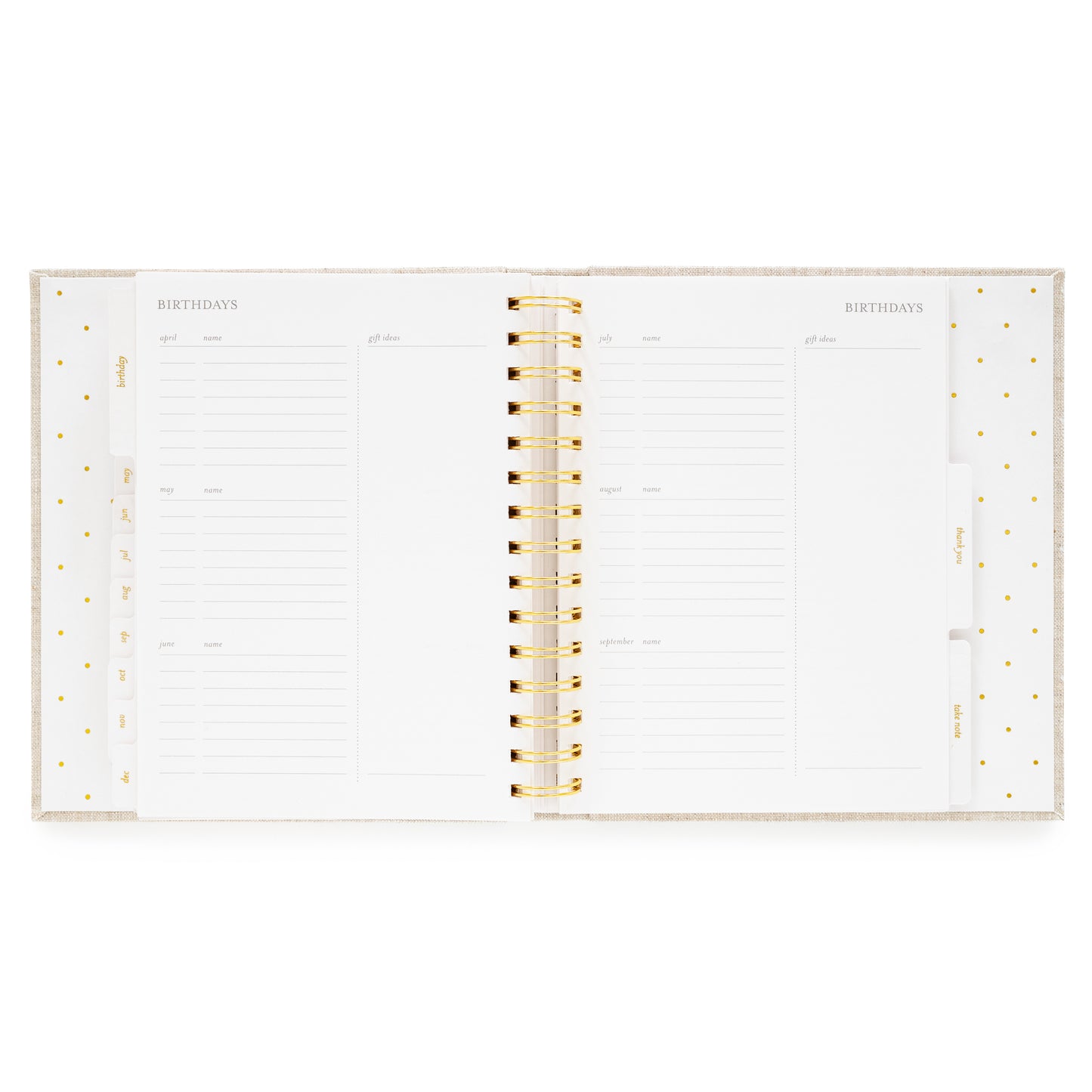 Open concealed agenda with gold spiral and pages for birthday tracking with date, name and gift idea