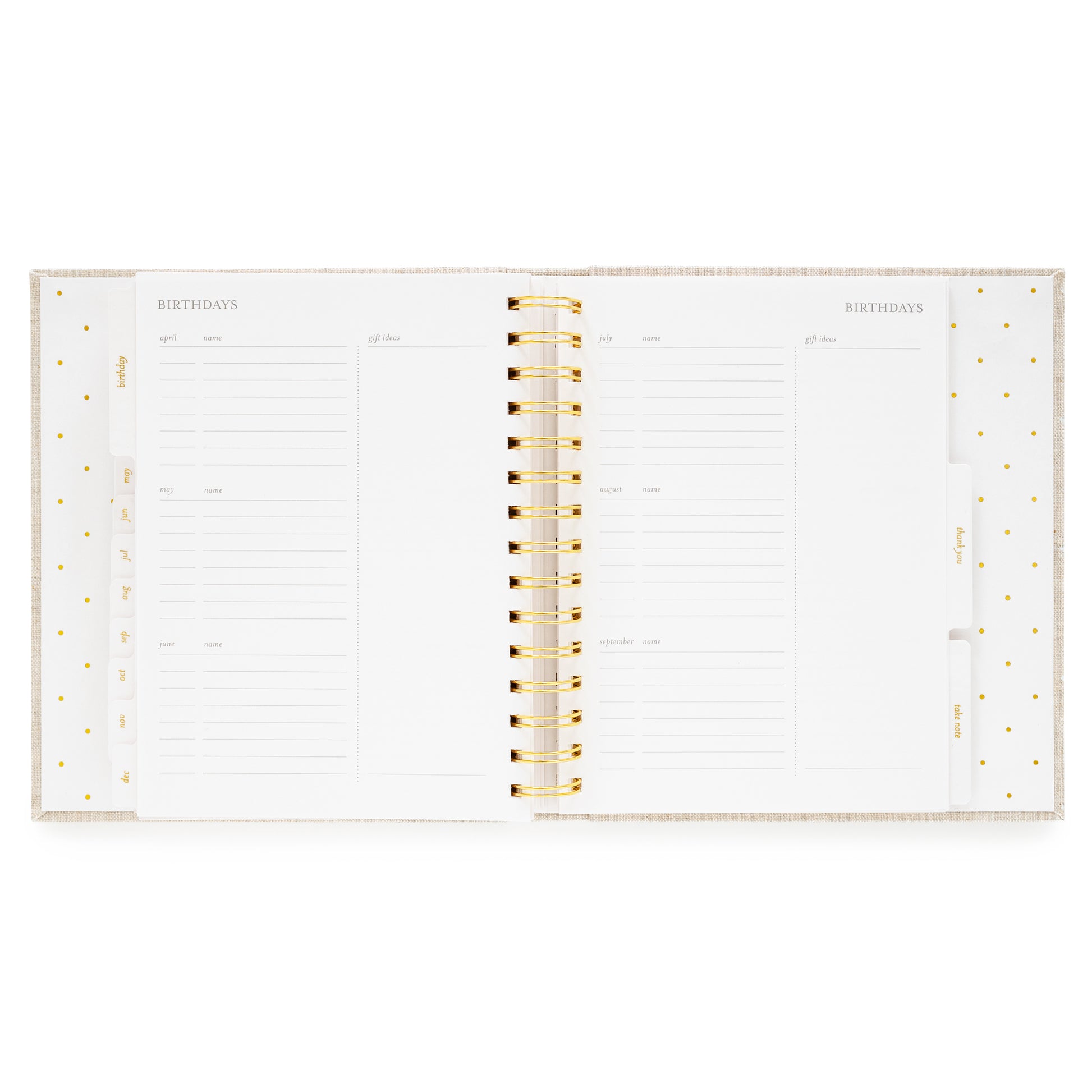 Open concealed agenda with gold spiral and pages for birthday tracking with date, name and gift idea