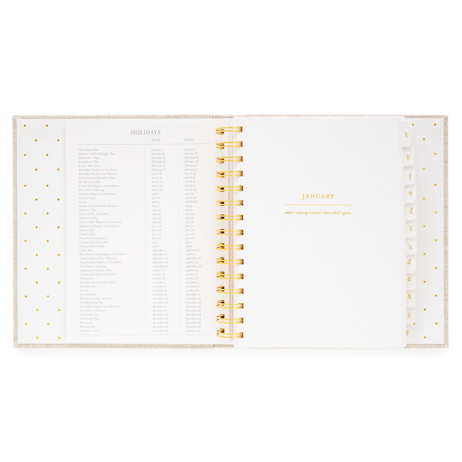 Open 2026 concealed planner with 2026 + 2027 holidays and january title page