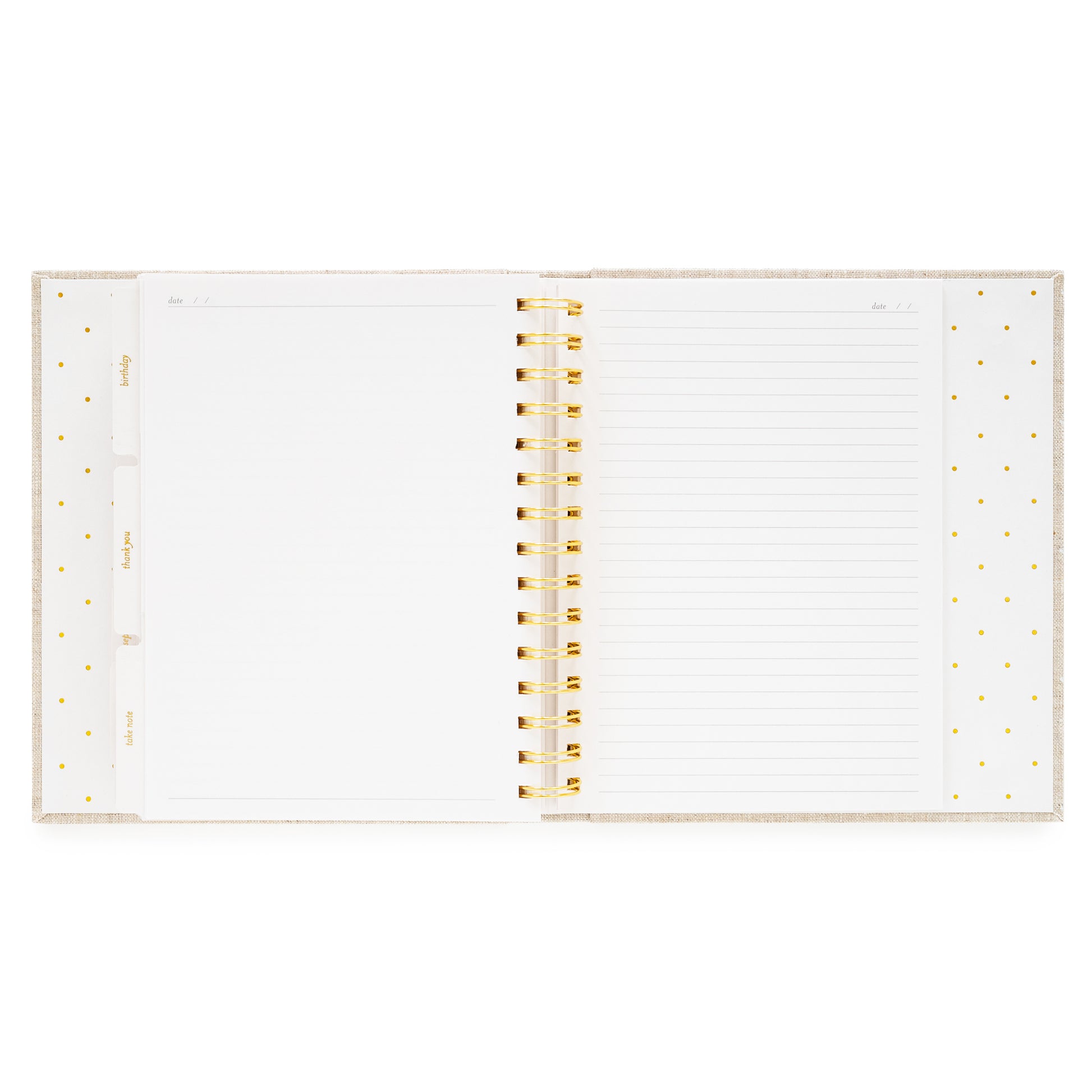 Open concealed agenda with extra blank pages and lined note pages in the back